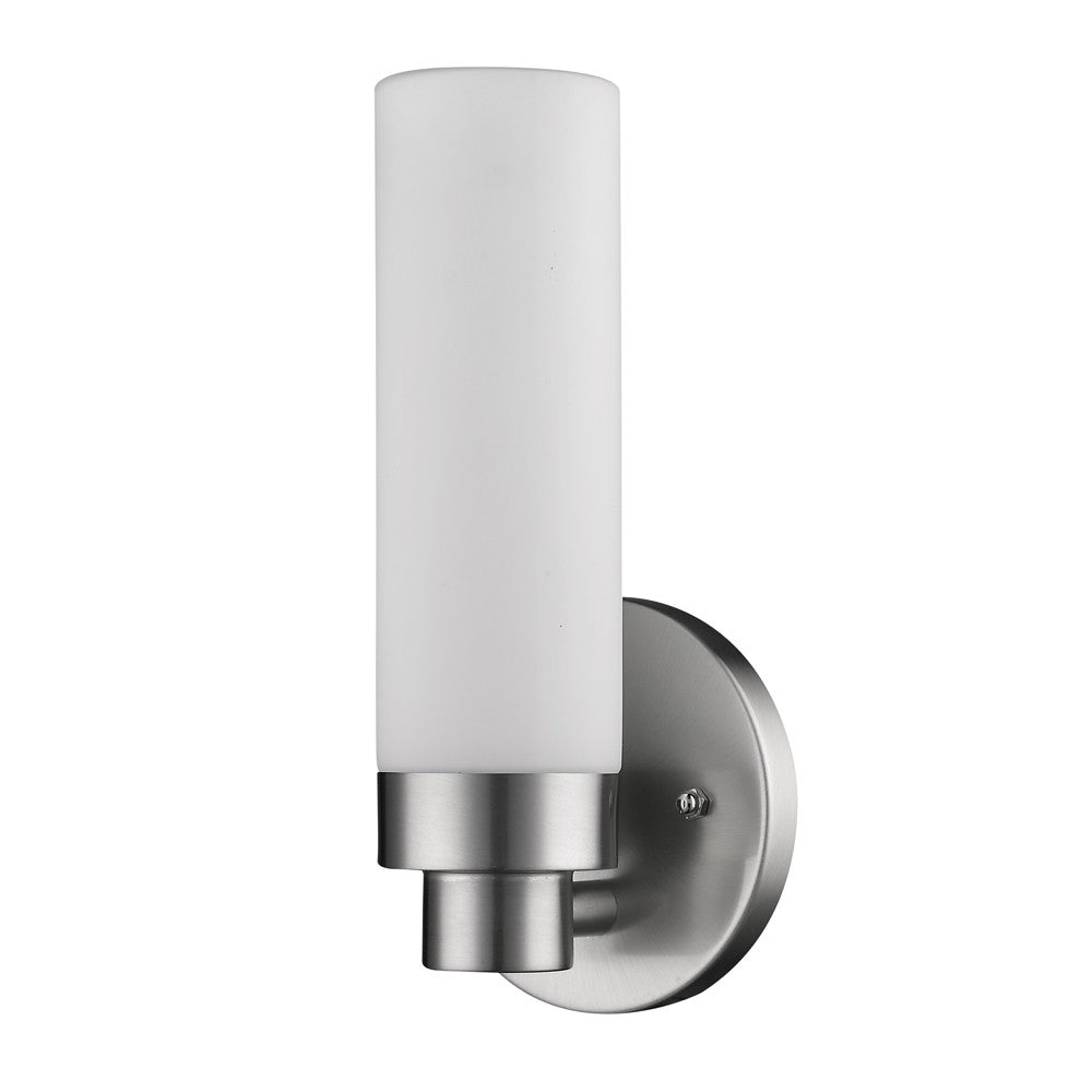 Side angled view of the Silver Wall Sconce with Narrow Frosted Cylinder Glass Shade and brushed steel backplate