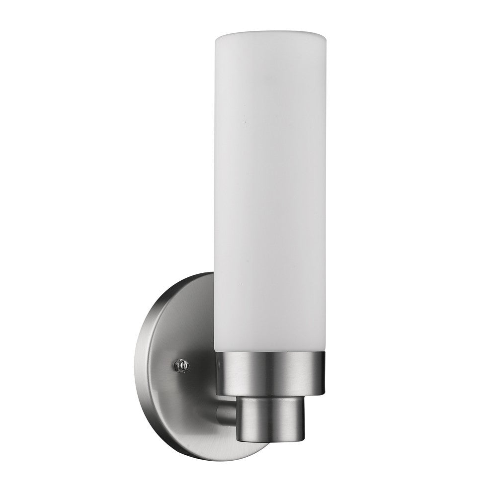 Side angled view of the Silver Wall Sconce with Narrow Frosted Cylinder Glass Shade and brushed steel backplate