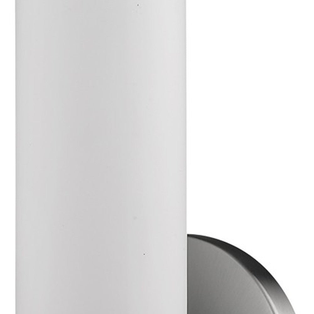 Zoomed in view of the cylinder shade and partial wall plate Silver Wall Sconce with Narrow Frosted Cylinder Glass Shade and brushed steel backplate