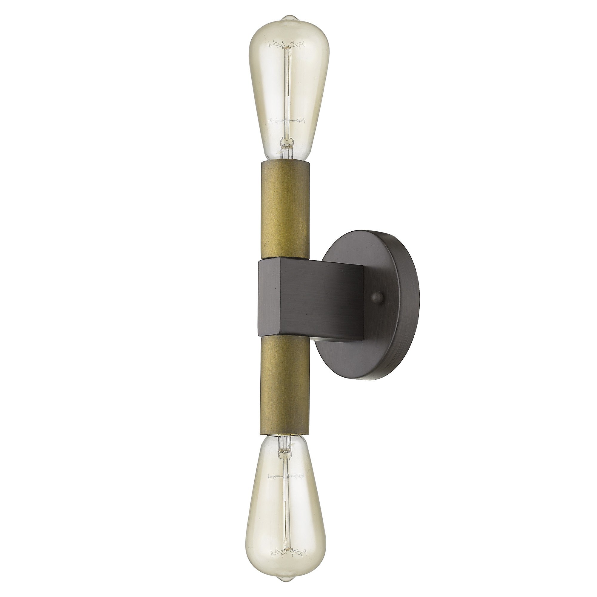 Angled side view of the lighted Two-Light Brass Industrial Wall Sconce with exposed vintage bulbs and bronze backplate