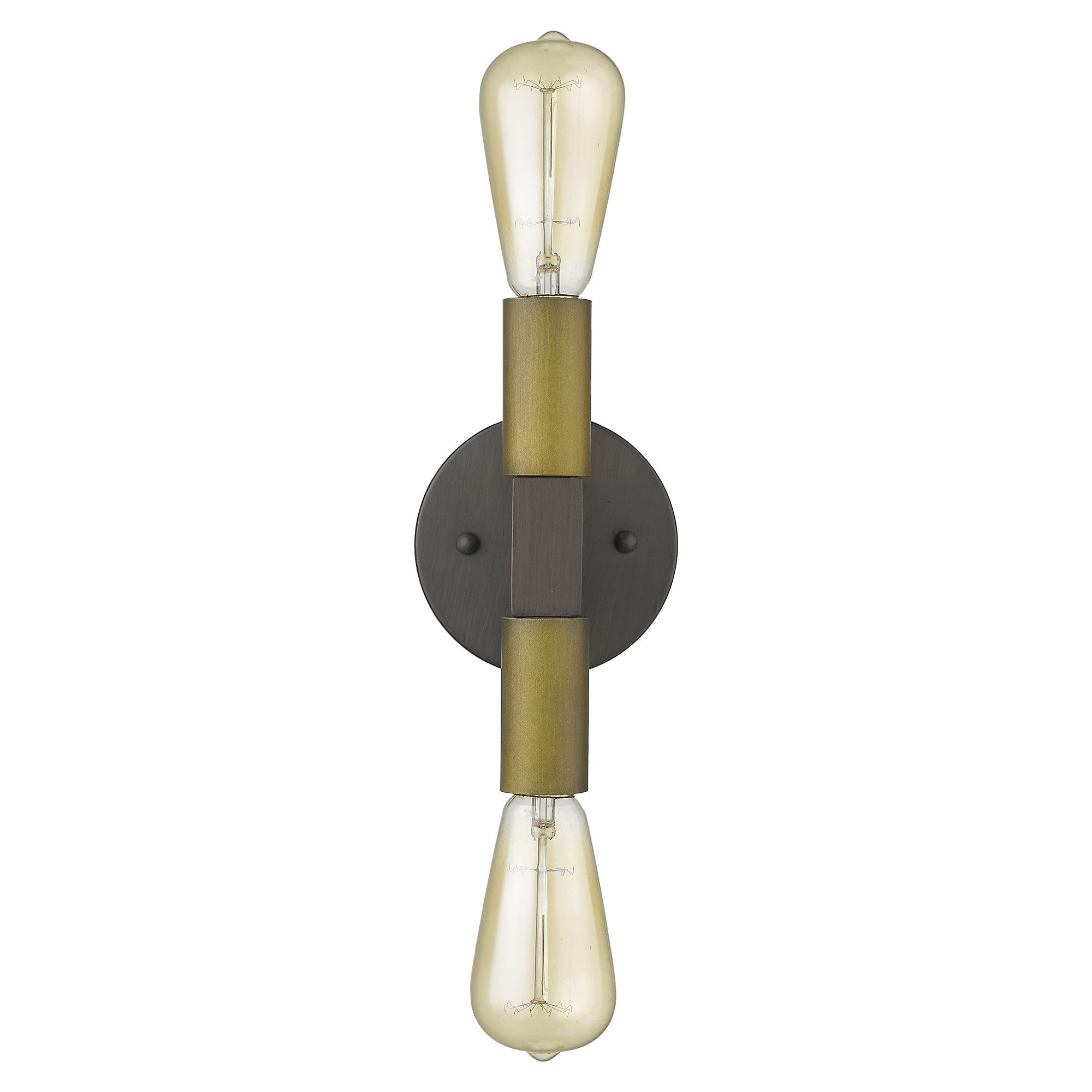 Front view of the Two-Light Brass Industrial Wall Sconce with exposed vintage bulbs and bronze backplate