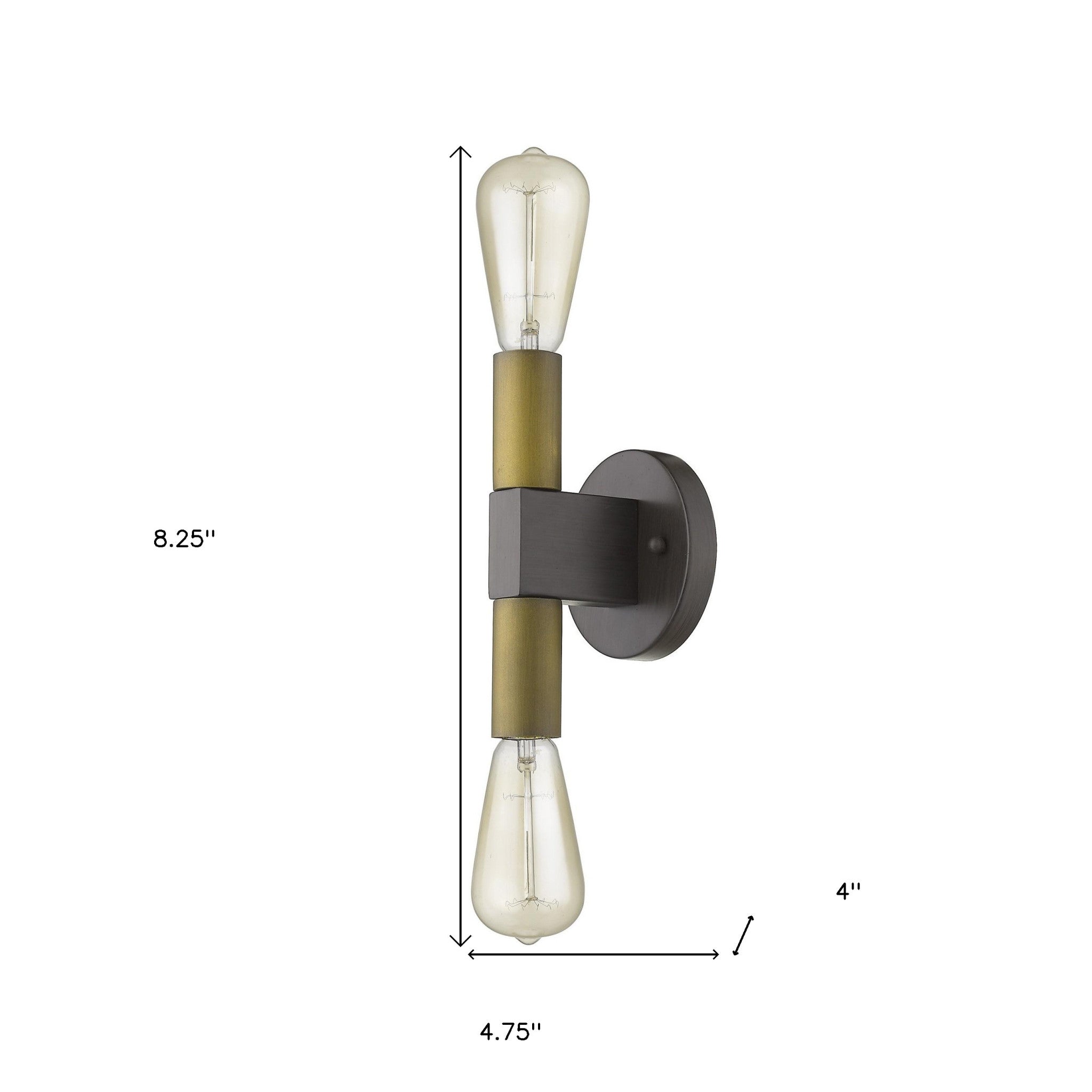 Two-Light Brass Industrial Wall Sconce with exposed vintage bulbs and bronze backplate shown with dimensions of eight point two five inches high by four point seven five inches wide by 4 inches deep