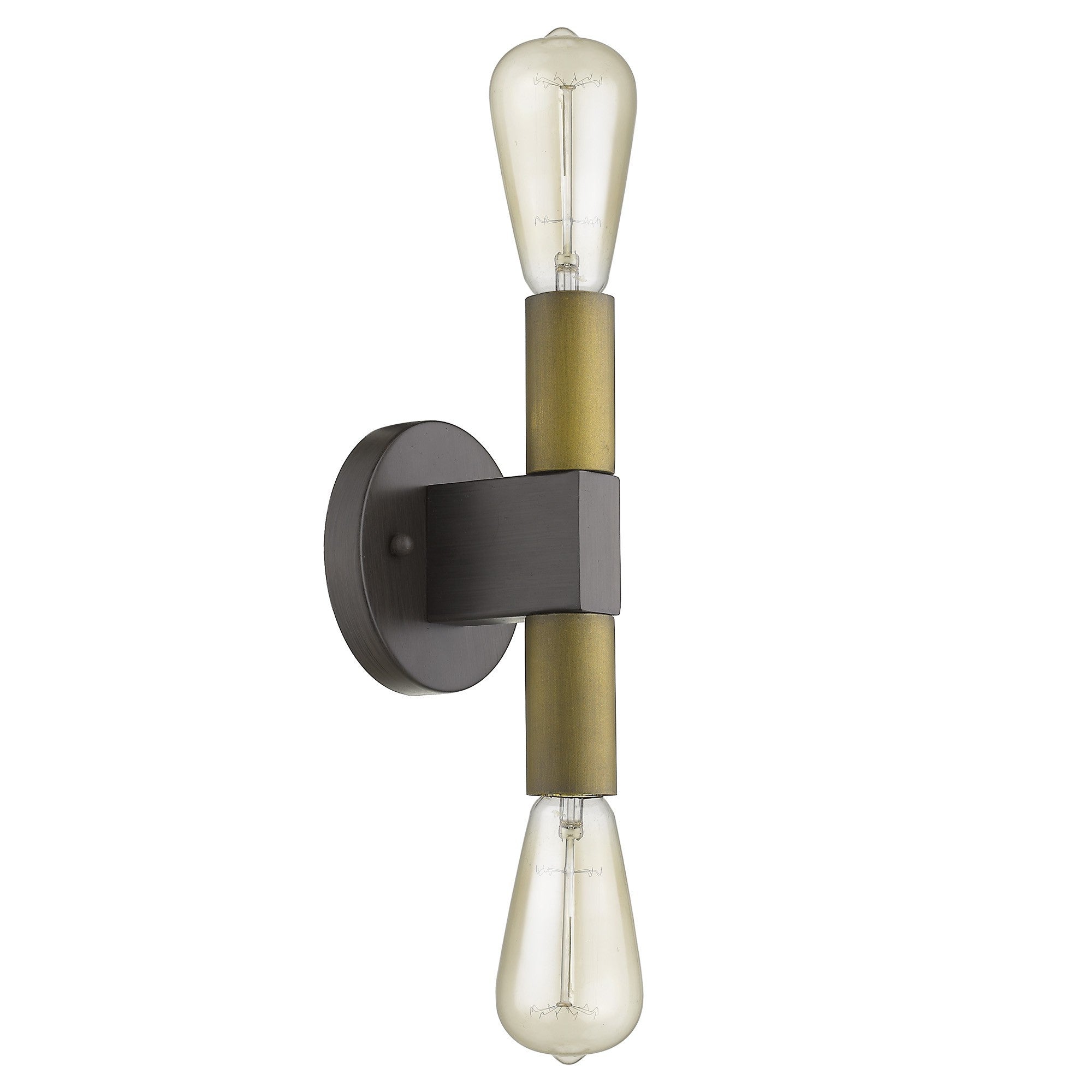 Angled side view of the Two-Light Brass Industrial Wall Sconce with exposed vintage bulbs and bronze backplate