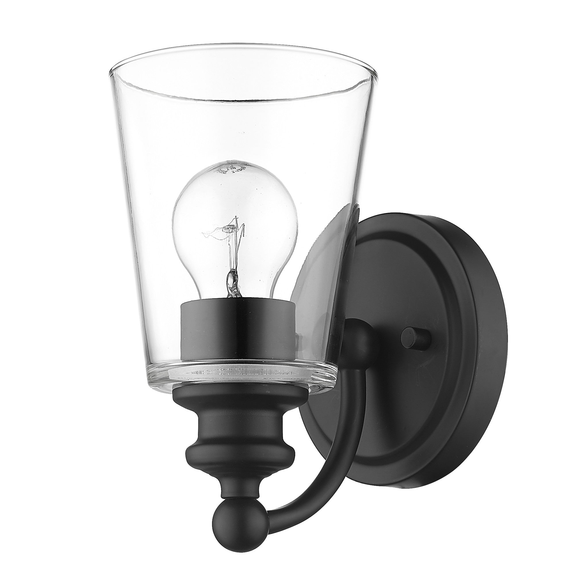 Bottom up angled view of the One-Light Matte Black Wall Sconce with clear tapered glass shade and curved arm design
