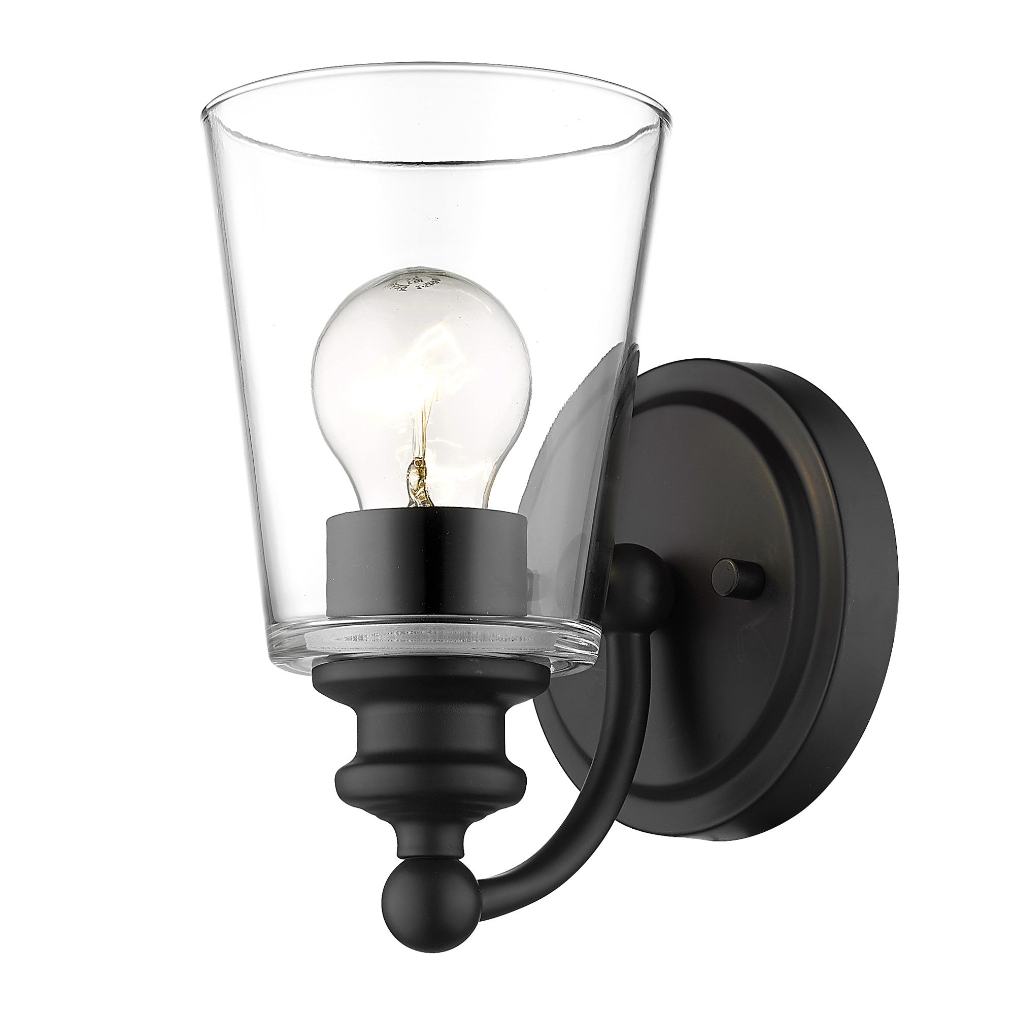 Bottom up angled view of the lighted One-Light Matte Black Wall Sconce with clear tapered glass shade and curved arm design