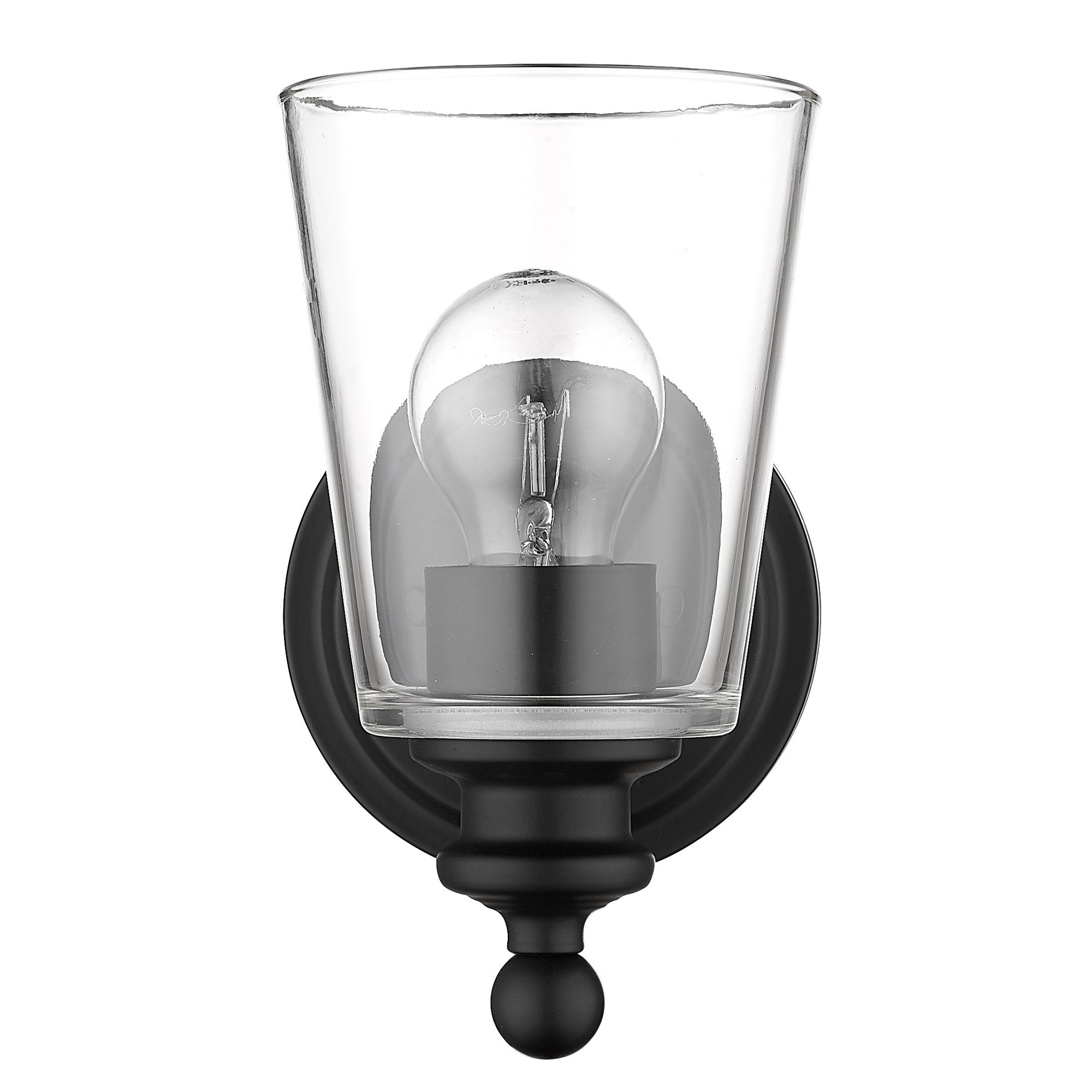 Front  view of the One-Light Matte Black Wall Sconce with clear tapered glass shade and curved arm design