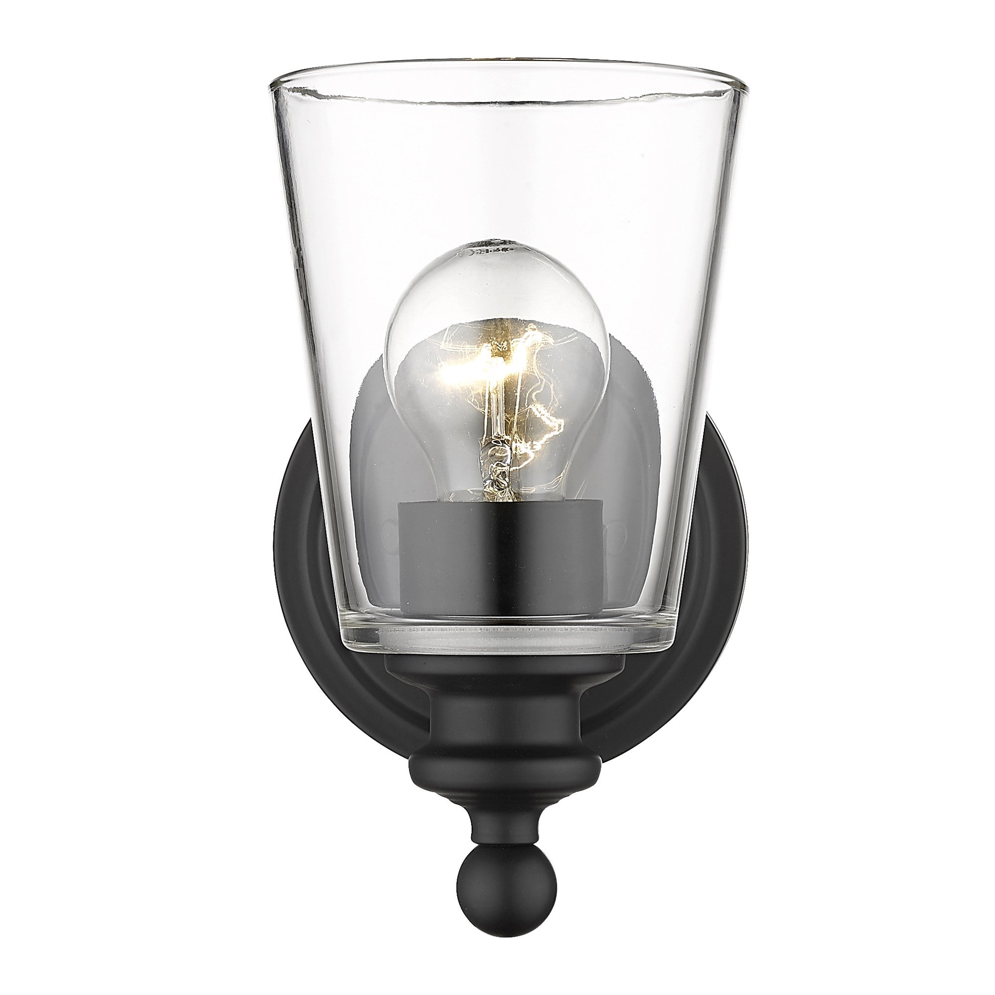 Front view of the lighted One-Light Matte Black Wall Sconce with clear tapered glass shade and curved arm design