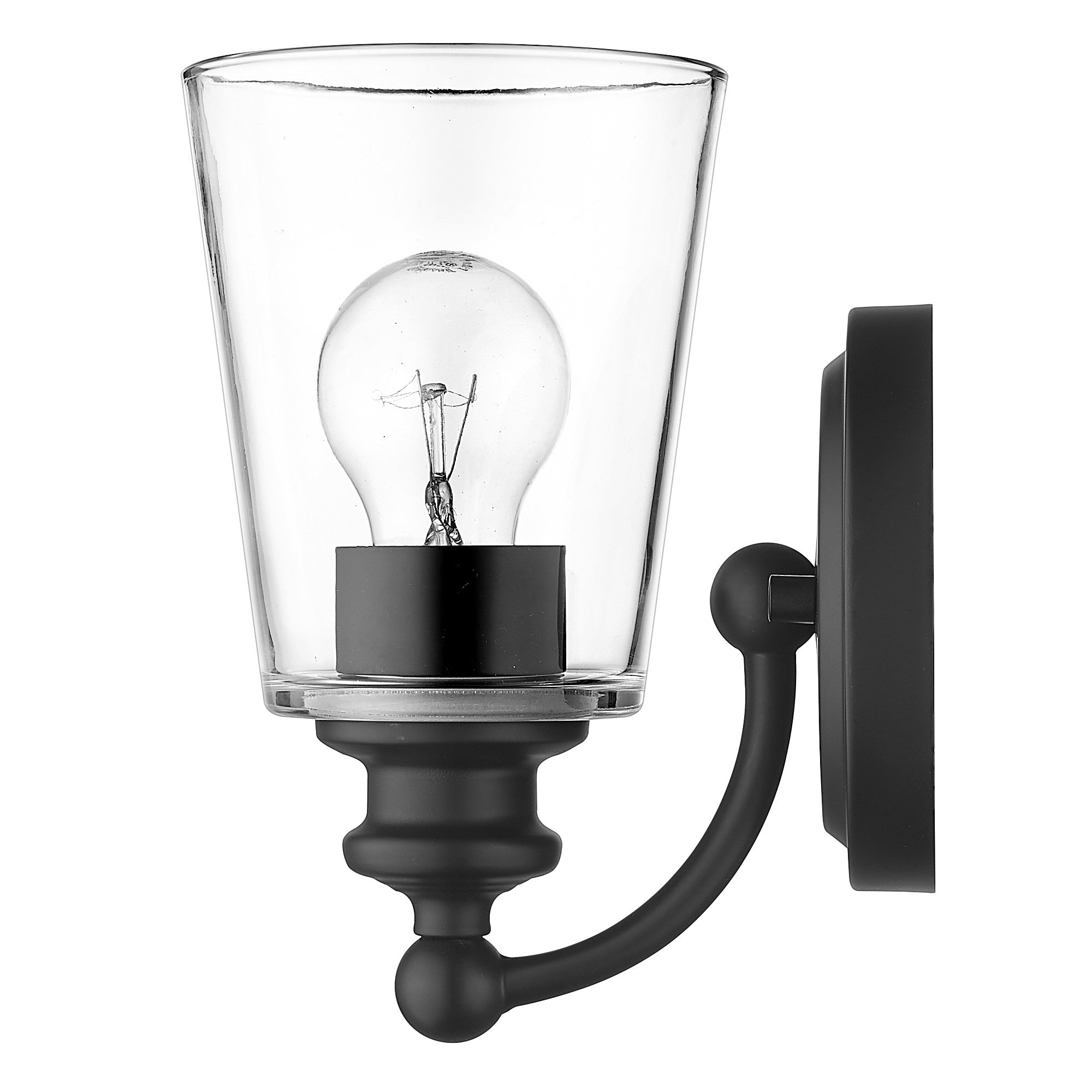 Side view of the One-Light Matte Black Wall Sconce with clear tapered glass shade and curved arm design