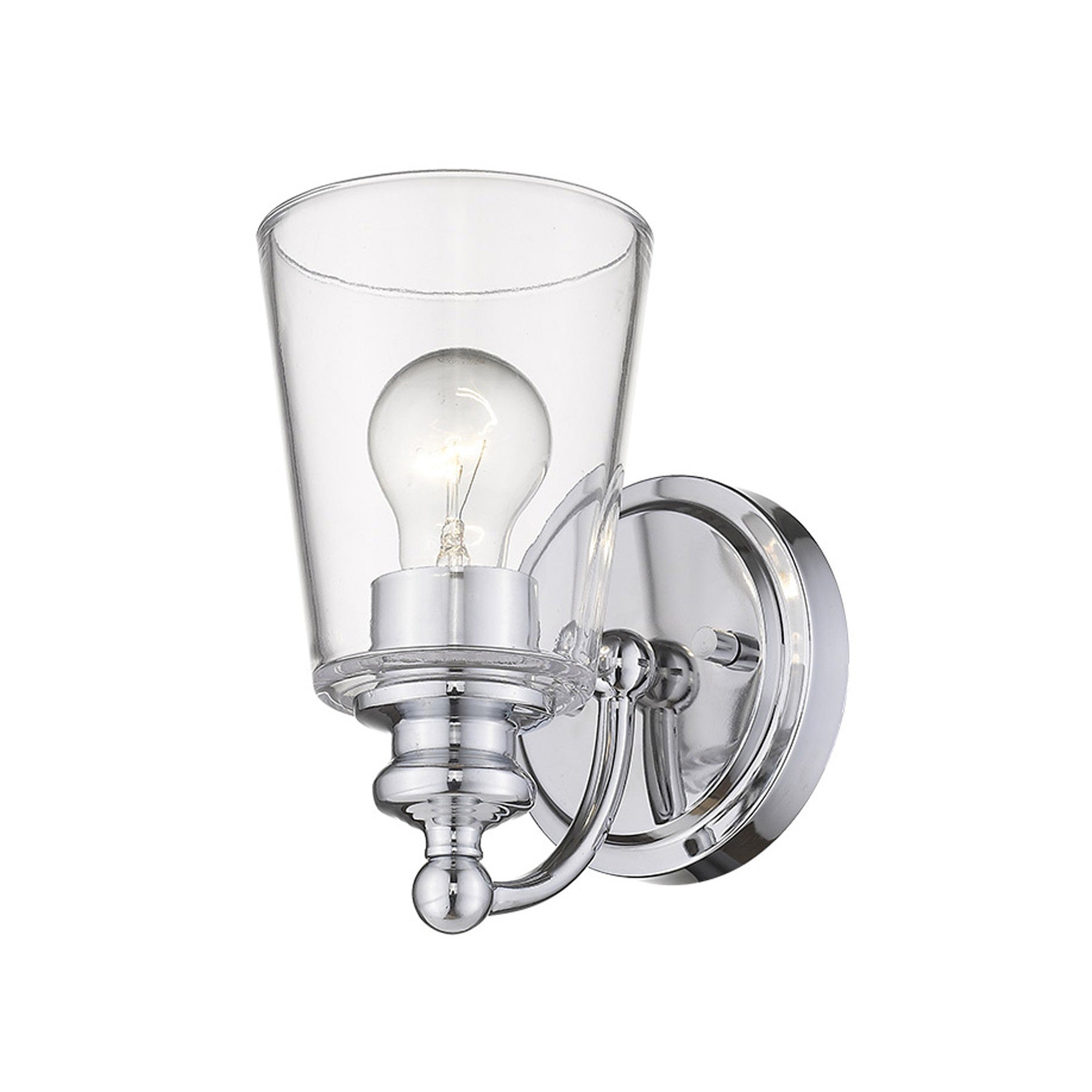 Bottom up angled view of the lighted One-Light Silver Wall Sconce with clear tapered glass shade and polished chrome finish