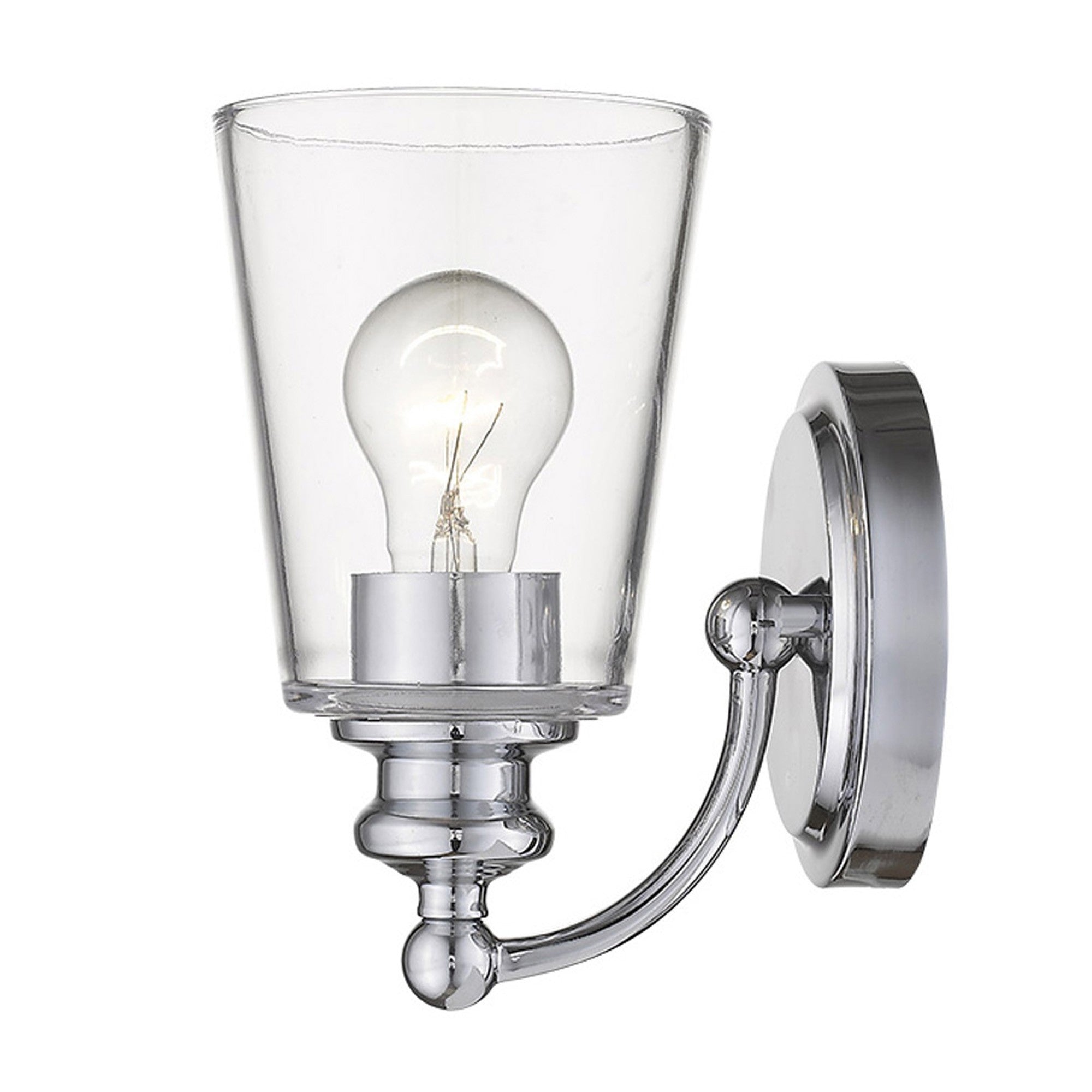 Side view of the lighted One-Light Silver Wall Sconce with clear tapered glass shade and polished chrome finish