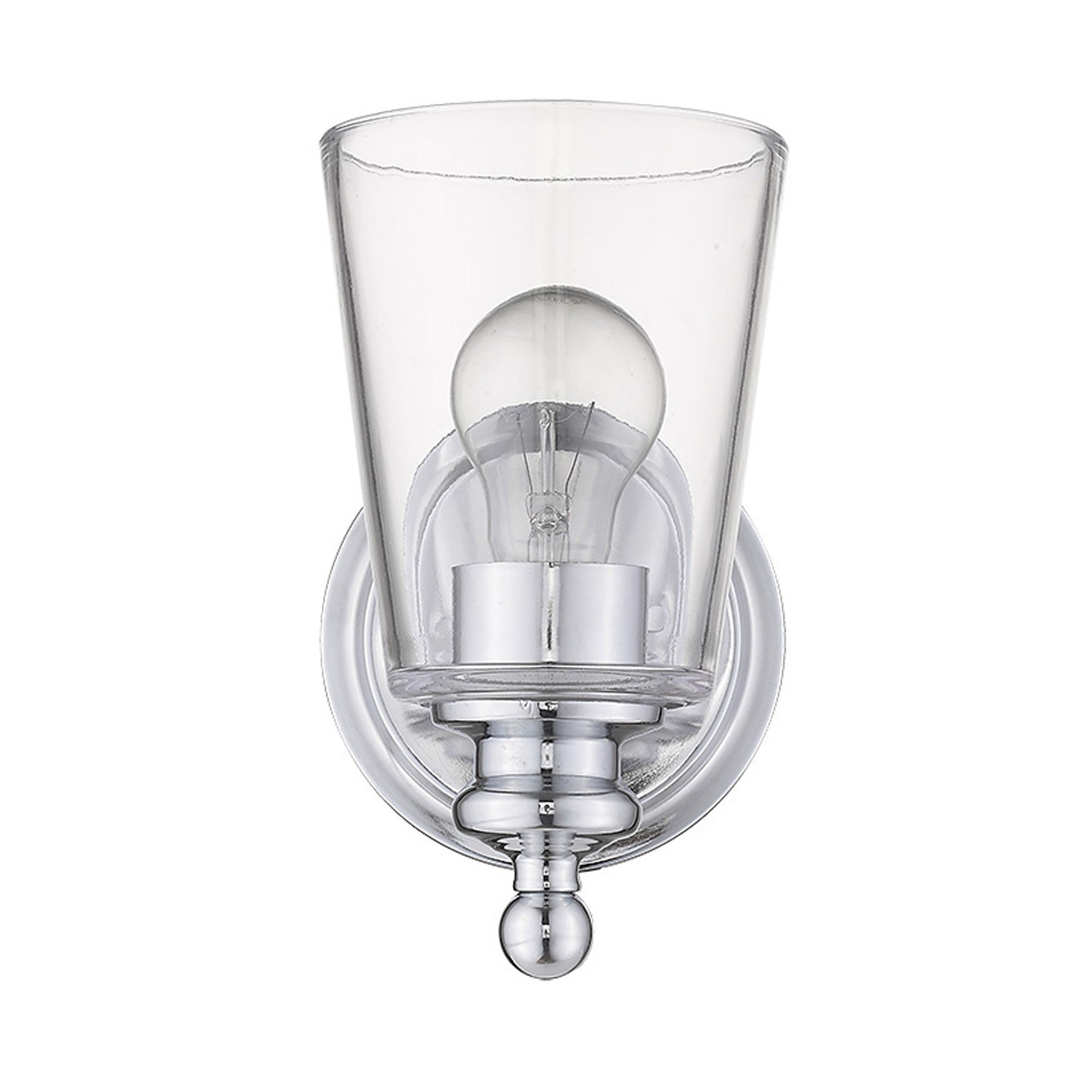 Front  view of the One-Light Silver Wall Sconce with clear tapered glass shade and polished chrome finish