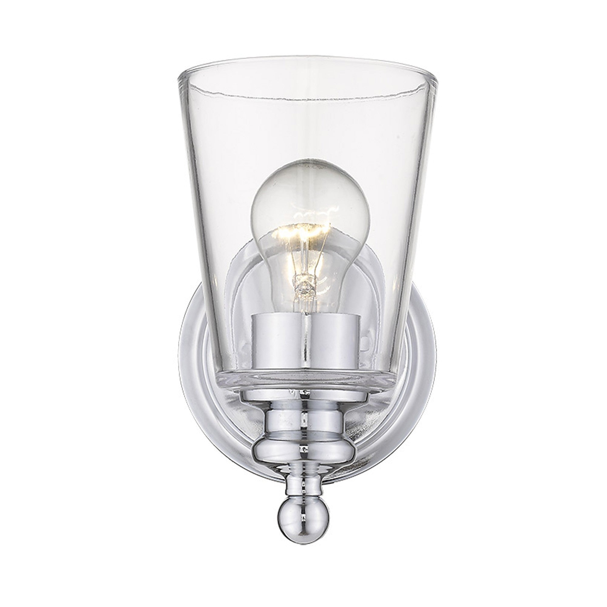 Front view of the lighted One-Light Silver Wall Sconce with clear tapered glass shade and polished chrome finish