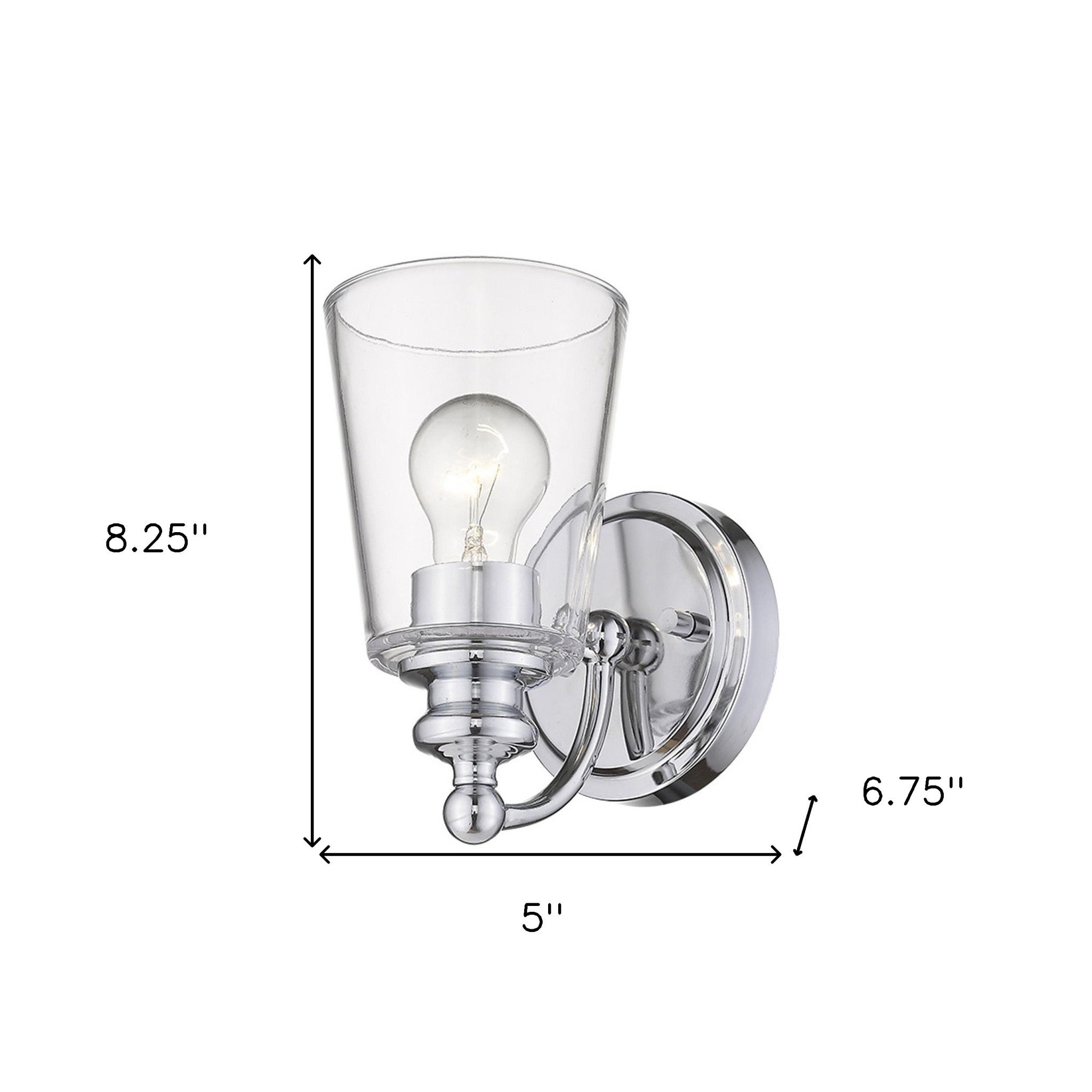 One-Light Silver Wall Sconce with clear tapered glass shade and polished chrome finish shown with dimensions of eight point two five inches high by five inches wide by six point seven five inches deep