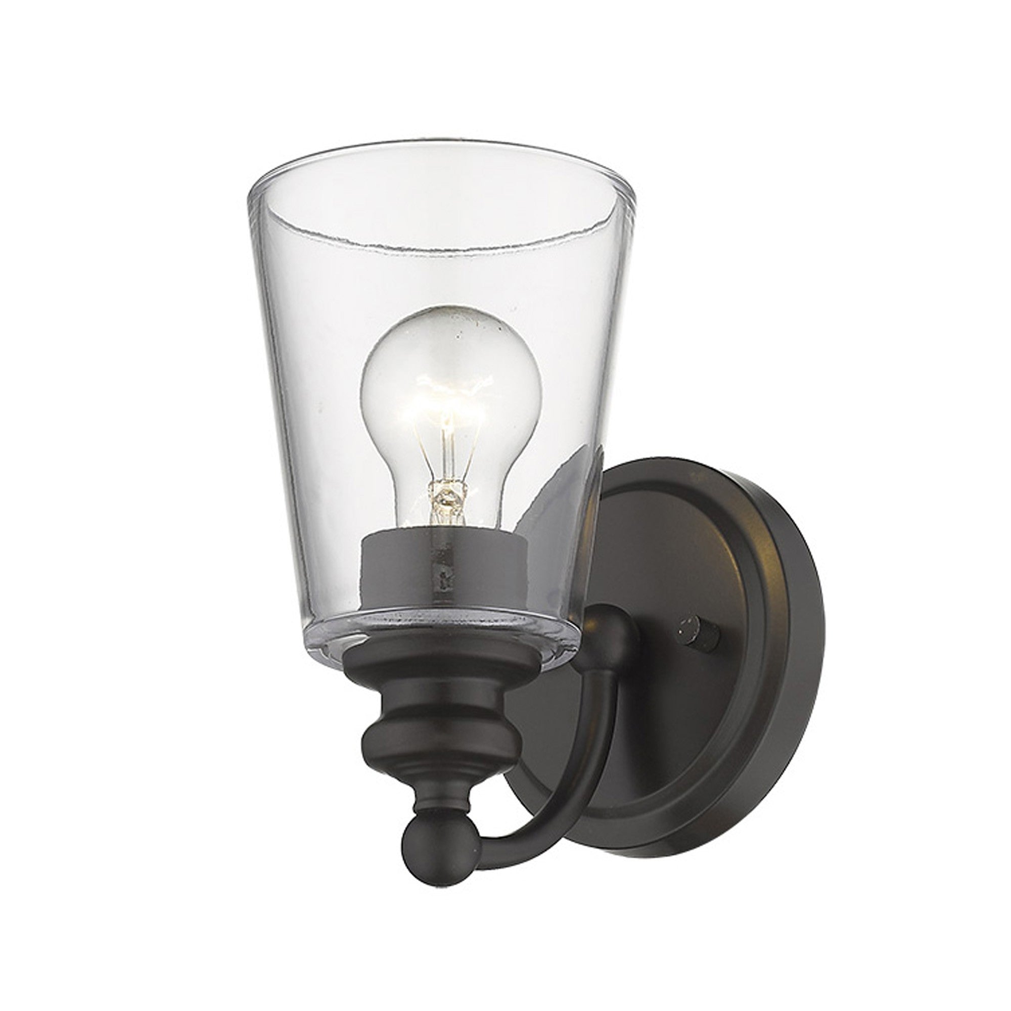 Bottom up angled view of the lighted Antique Bronze One-Light Wall Sconce with clear glass shade and curved swing arm