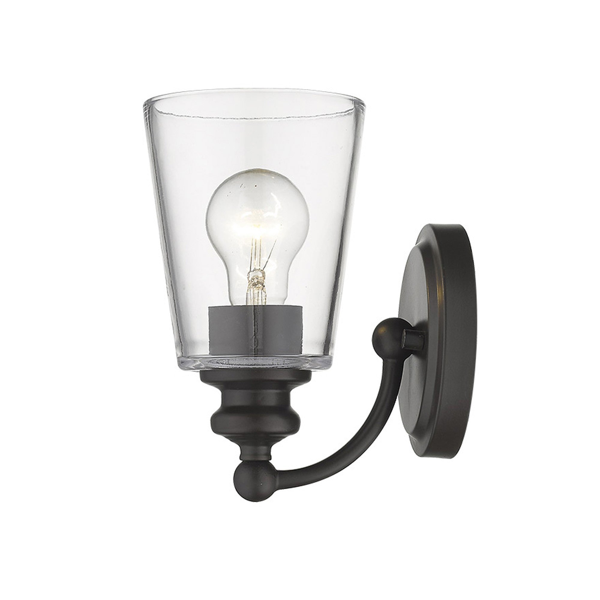 Side view of the lighted Antique Bronze One-Light Wall Sconce with clear glass shade and curved swing arm