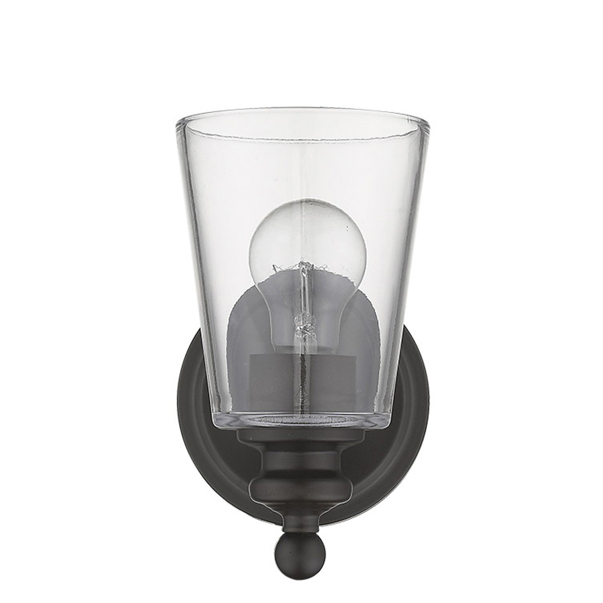 Front view of the Antique Bronze One-Light Wall Sconce with clear glass shade and curved swing arm