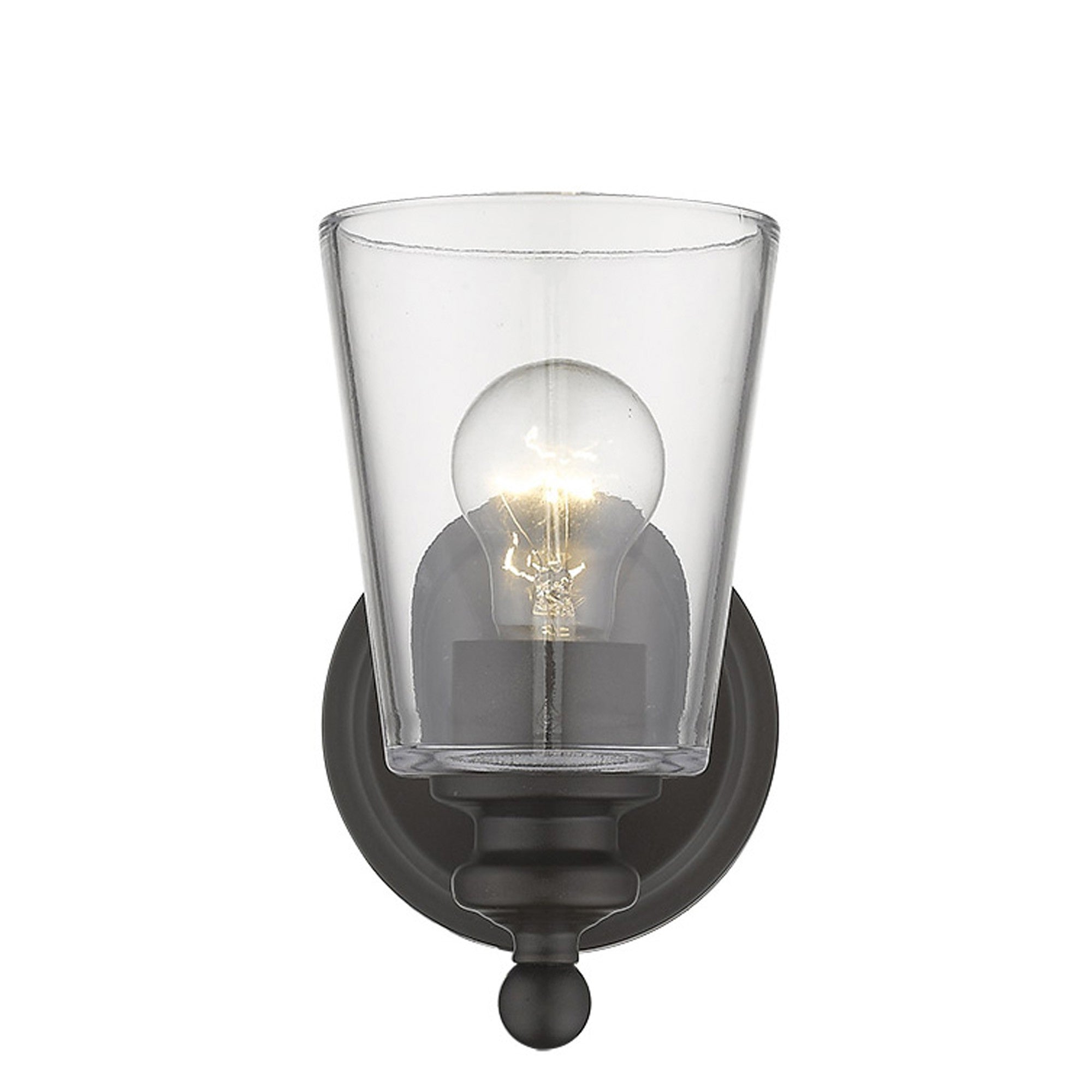Front view of the lighted Antique Bronze One-Light Wall Sconce with clear glass shade and curved swing arm
