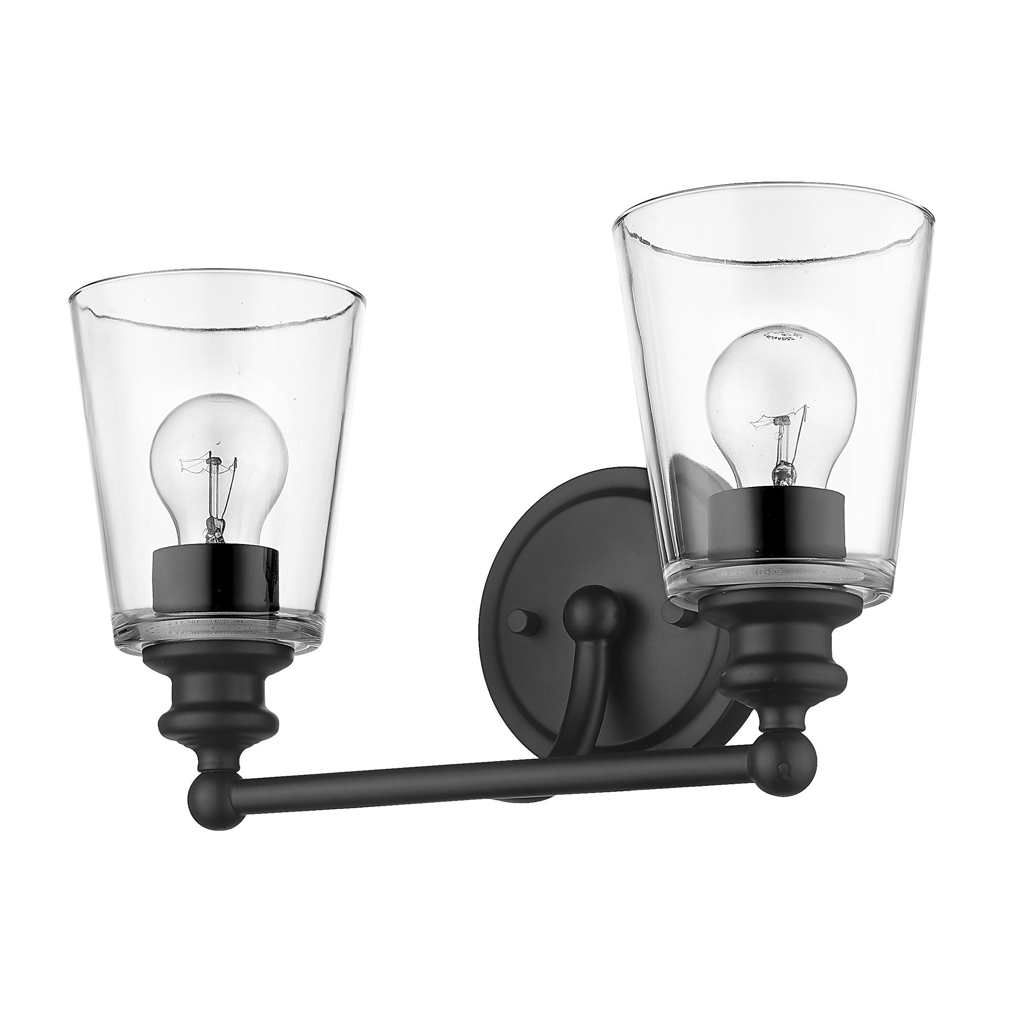 Bottom up angled view Two-Light Matte Black Glass Shade Wall Sconce with clear glass shades and curved arms