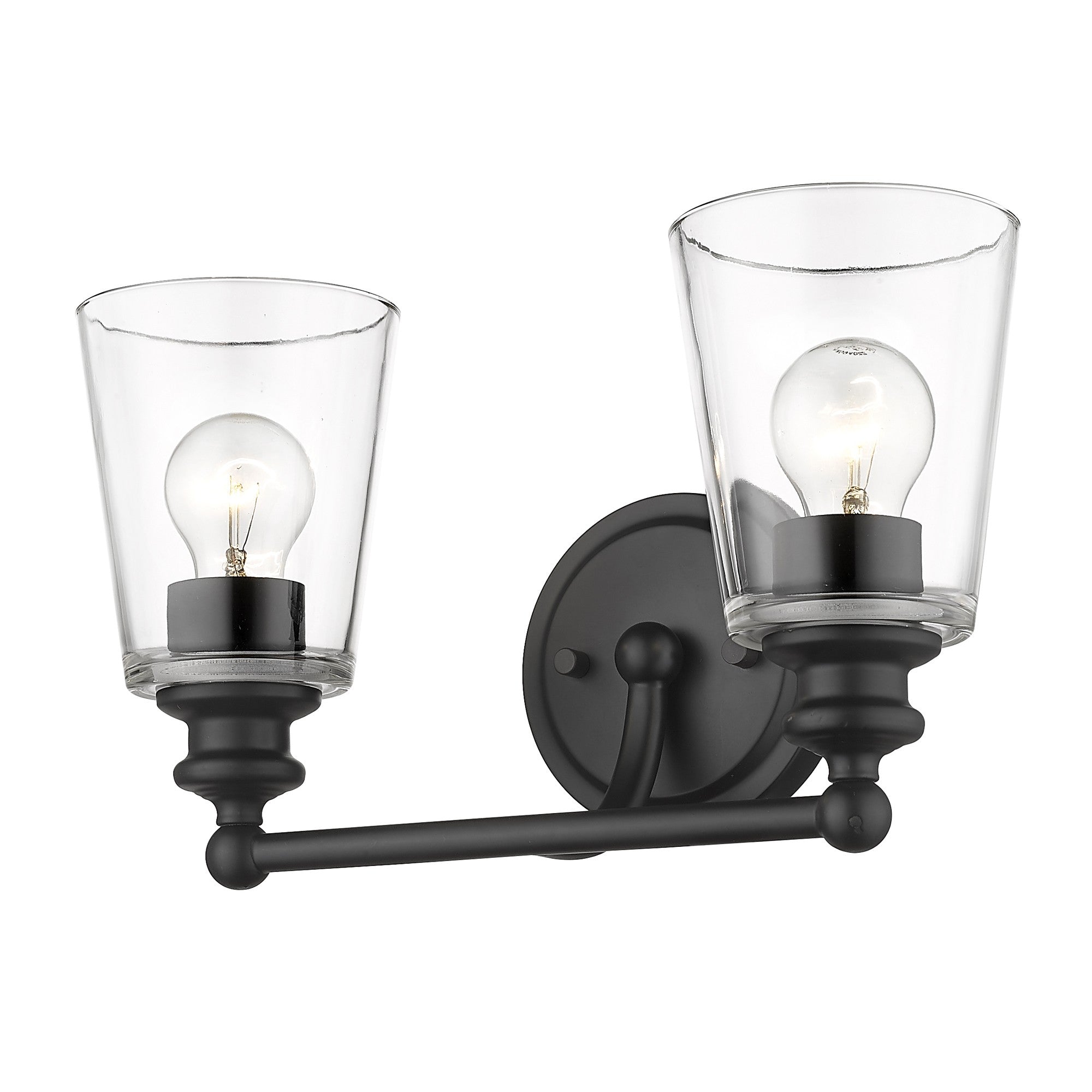 Bottom up angled view of lighted Two-Light Matte Black Glass Shade Wall Sconce with clear glass shades and curved arms