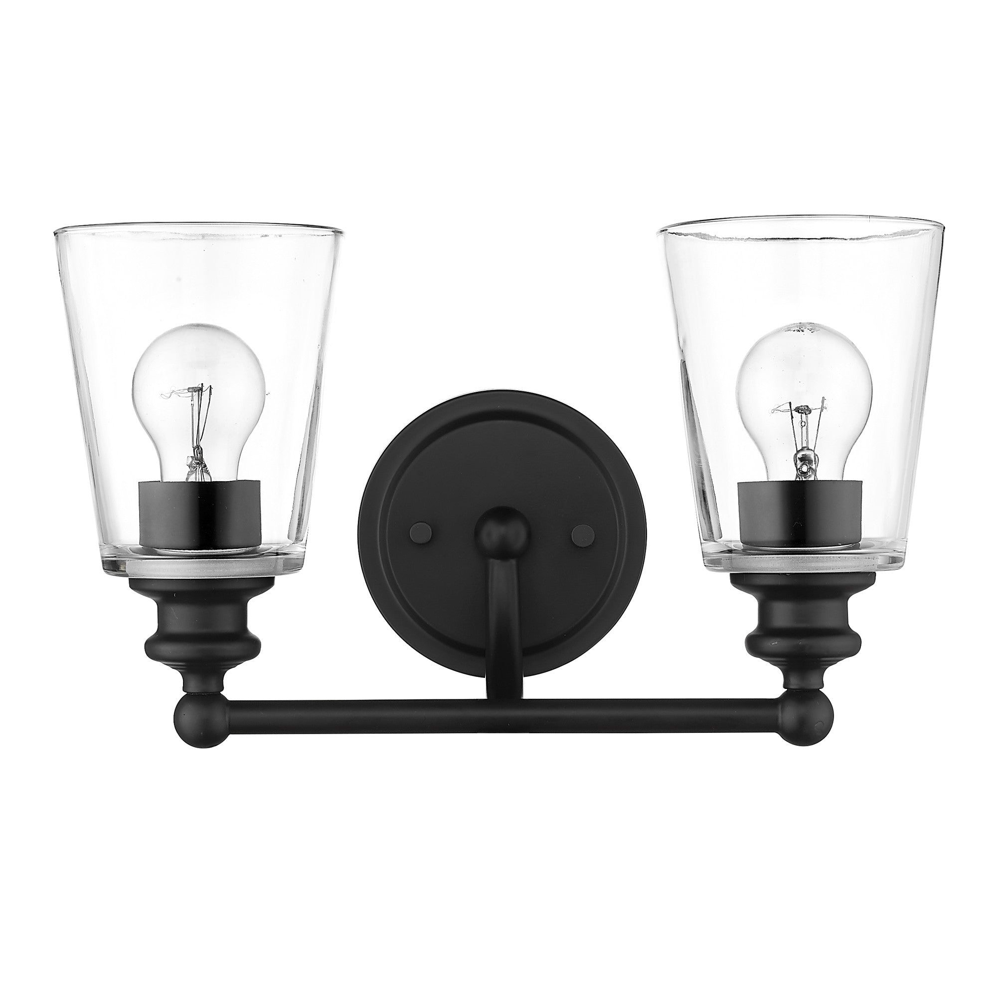 Front view of the Two-Light Matte Black Glass Shade Wall Sconce with clear glass shades and curved arms