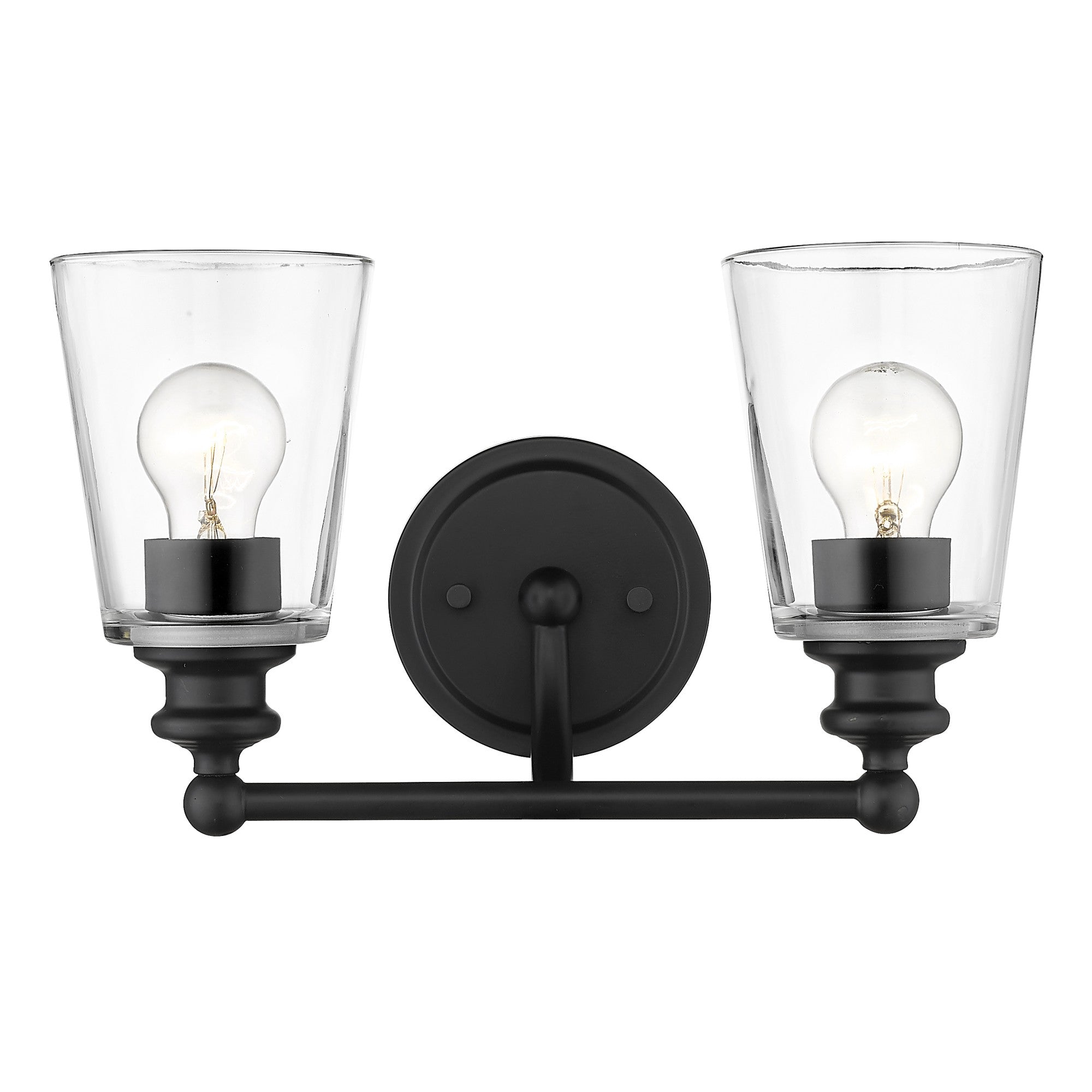 Front view of the lighted Two-Light Matte Black Glass Shade Wall Sconce with clear glass shades and curved arms