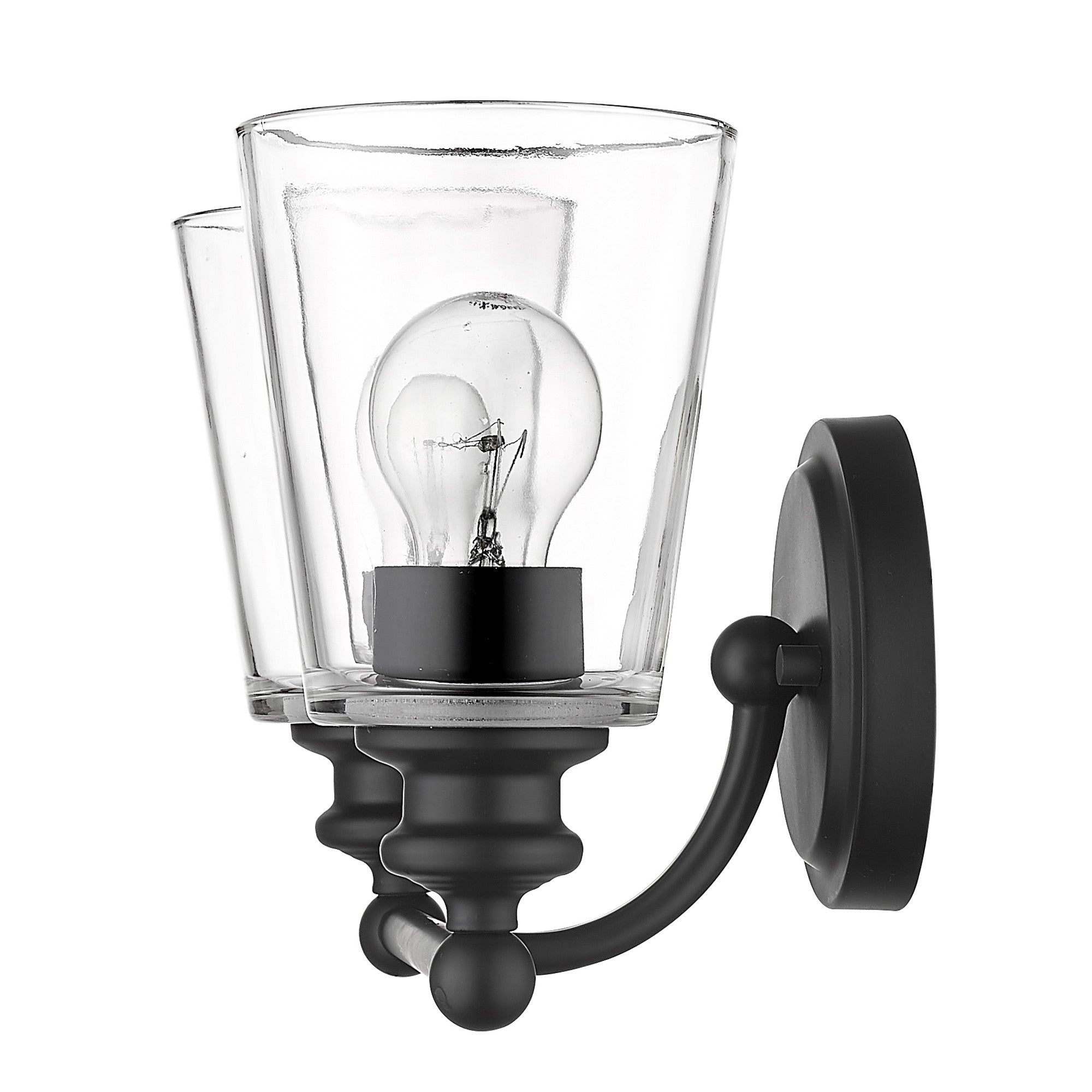 Side view of the  Two-Light Matte Black Glass Shade Wall Sconce with clear glass shades and curved arms