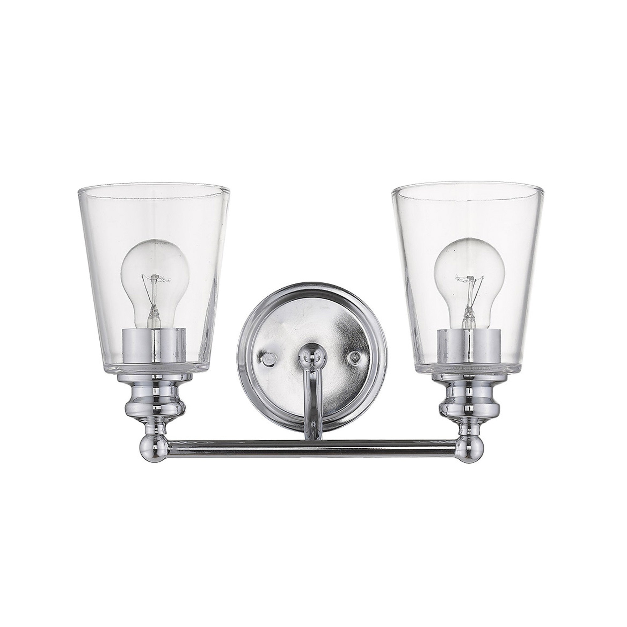 Front view of the Two-light silver wall sconce with polished chrome finish and clear glass shades