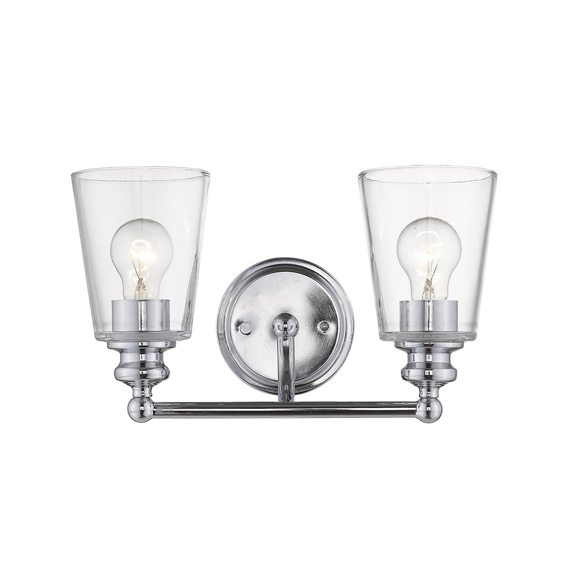 Front view of the lighted Two-light silver wall sconce with polished chrome finish and clear glass shades