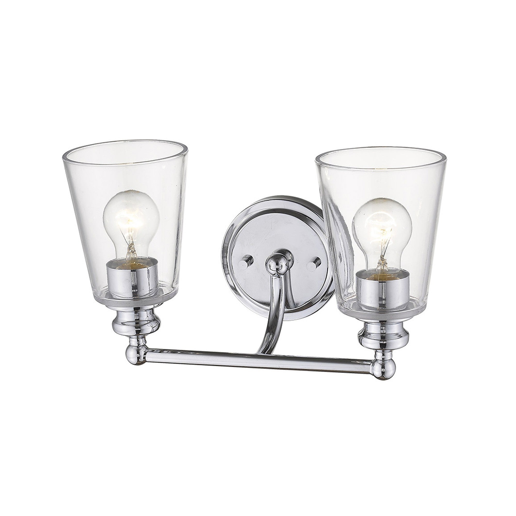 Top down angled view of the lighted Two-light silver wall sconce with polished chrome finish and clear glass shades