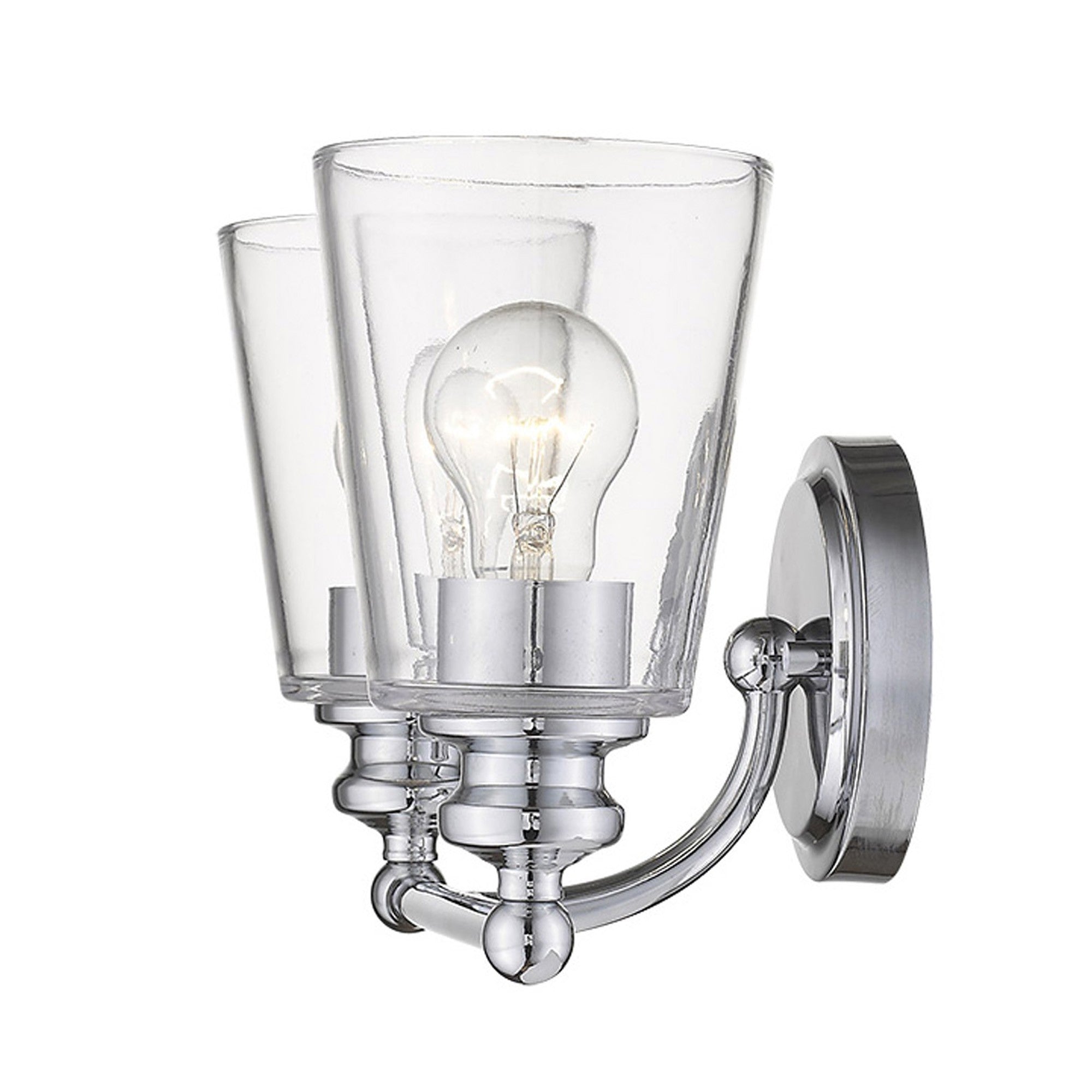 Side view of the lighted Two-light silver wall sconce with polished chrome finish and clear glass shades
