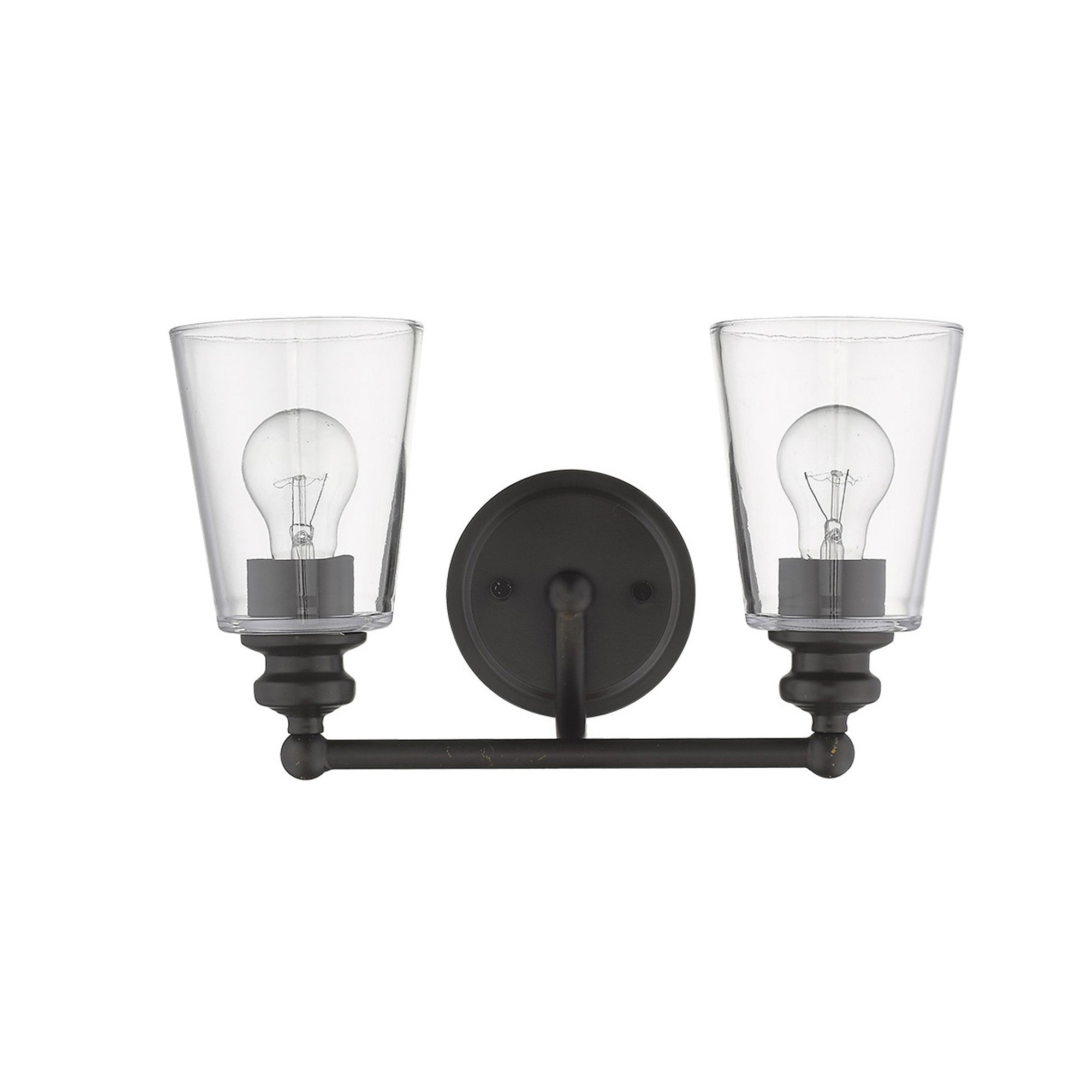 Front view of the Two-light antique bronze wall sconce with clear tapered glass shades and curved arm design