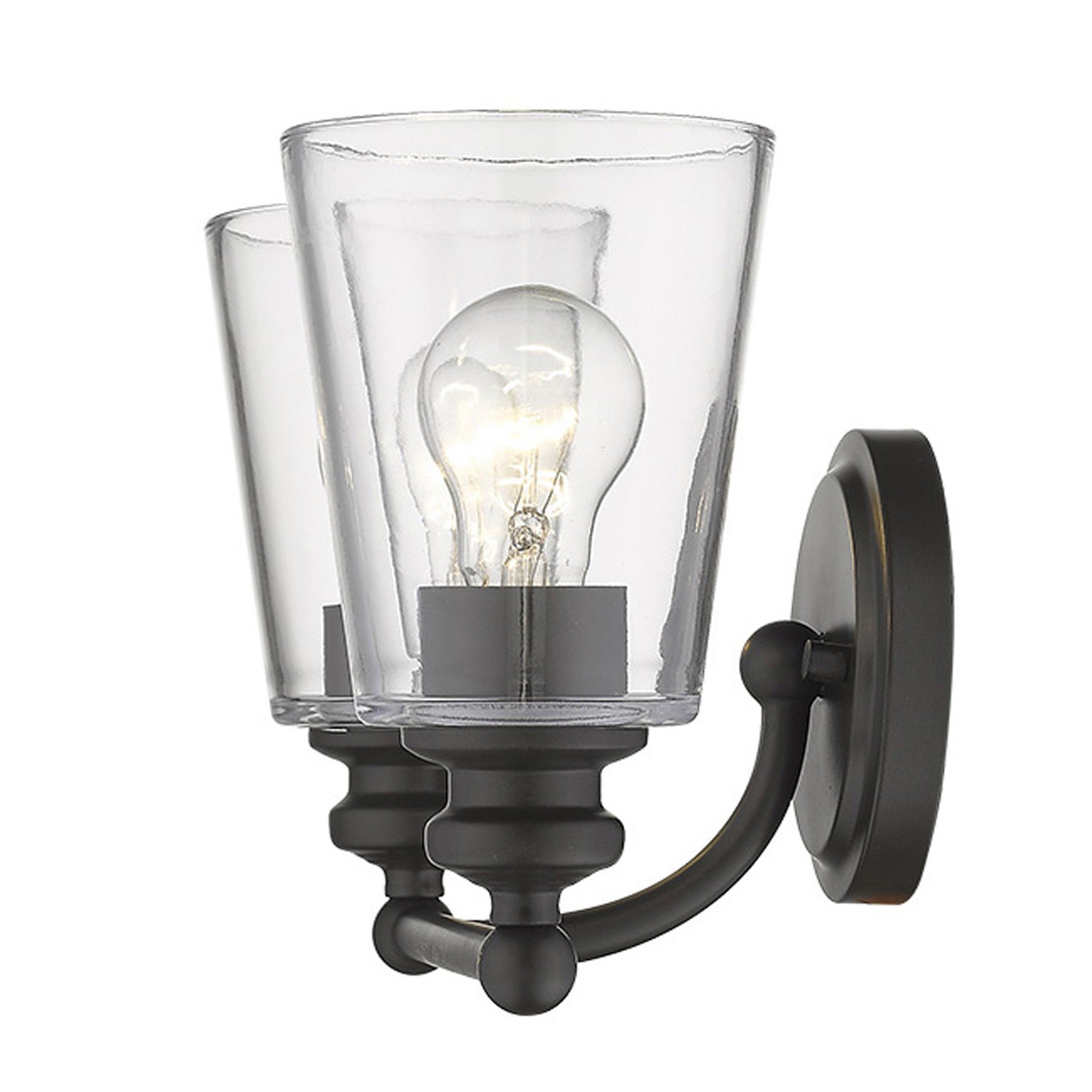 Side view of the lighted Two-light antique bronze wall sconce with clear tapered glass shades and curved arm design