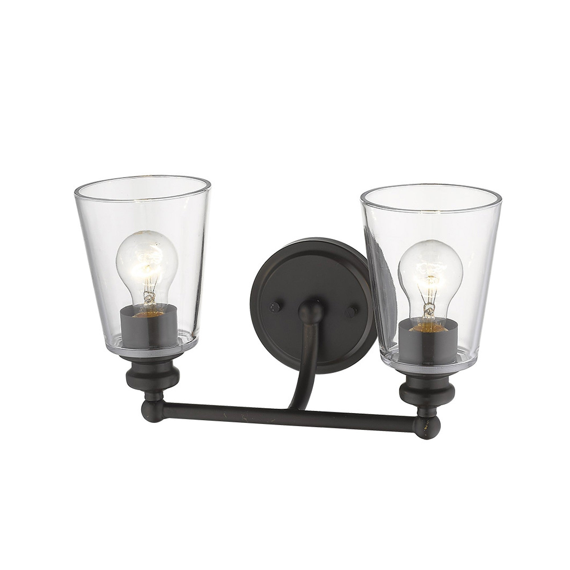 Angled view of the lighted Two-light antique bronze wall sconce with clear tapered glass shades and curved arm design