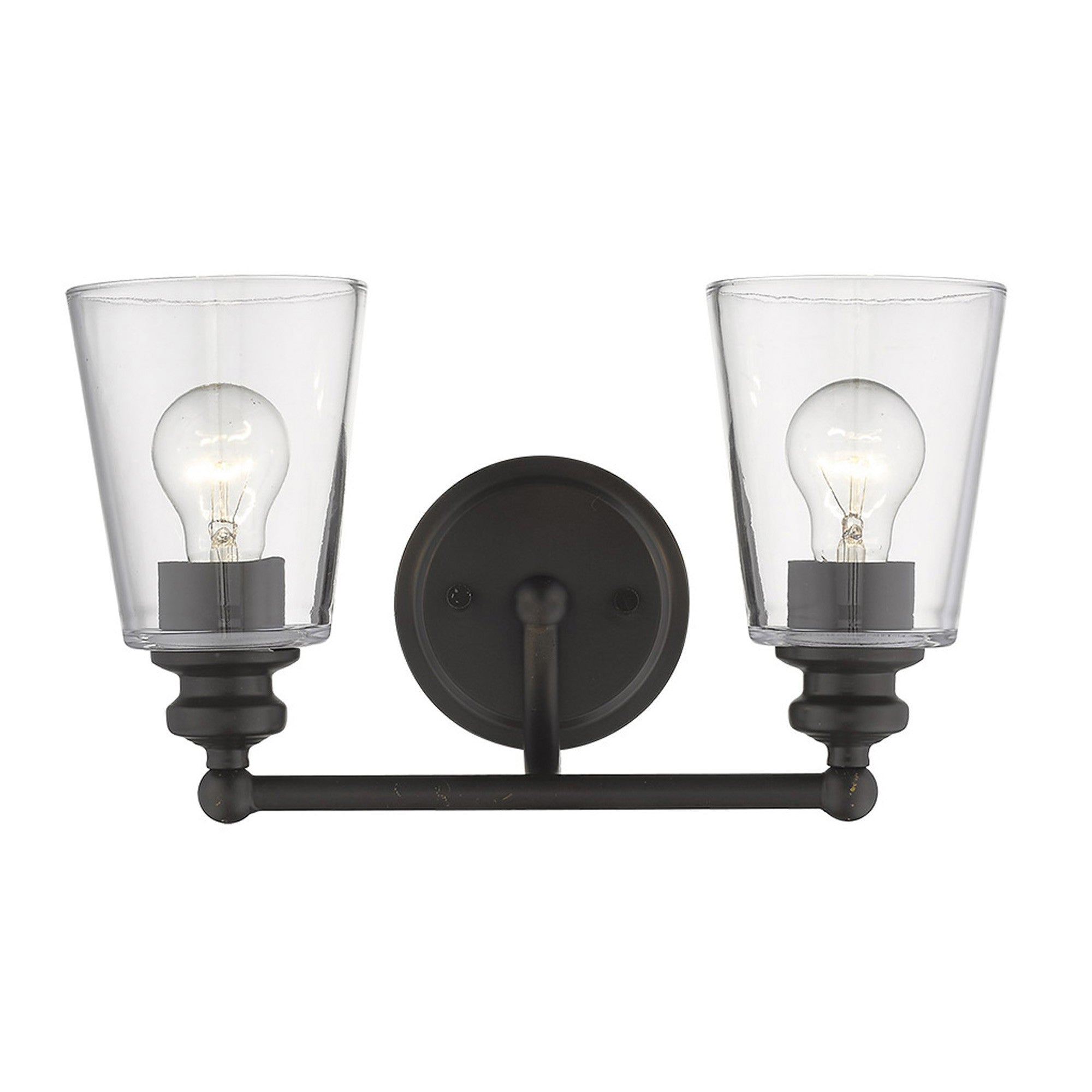 Front view of the lighted Two-light antique bronze wall sconce with clear tapered glass shades and curved arm design