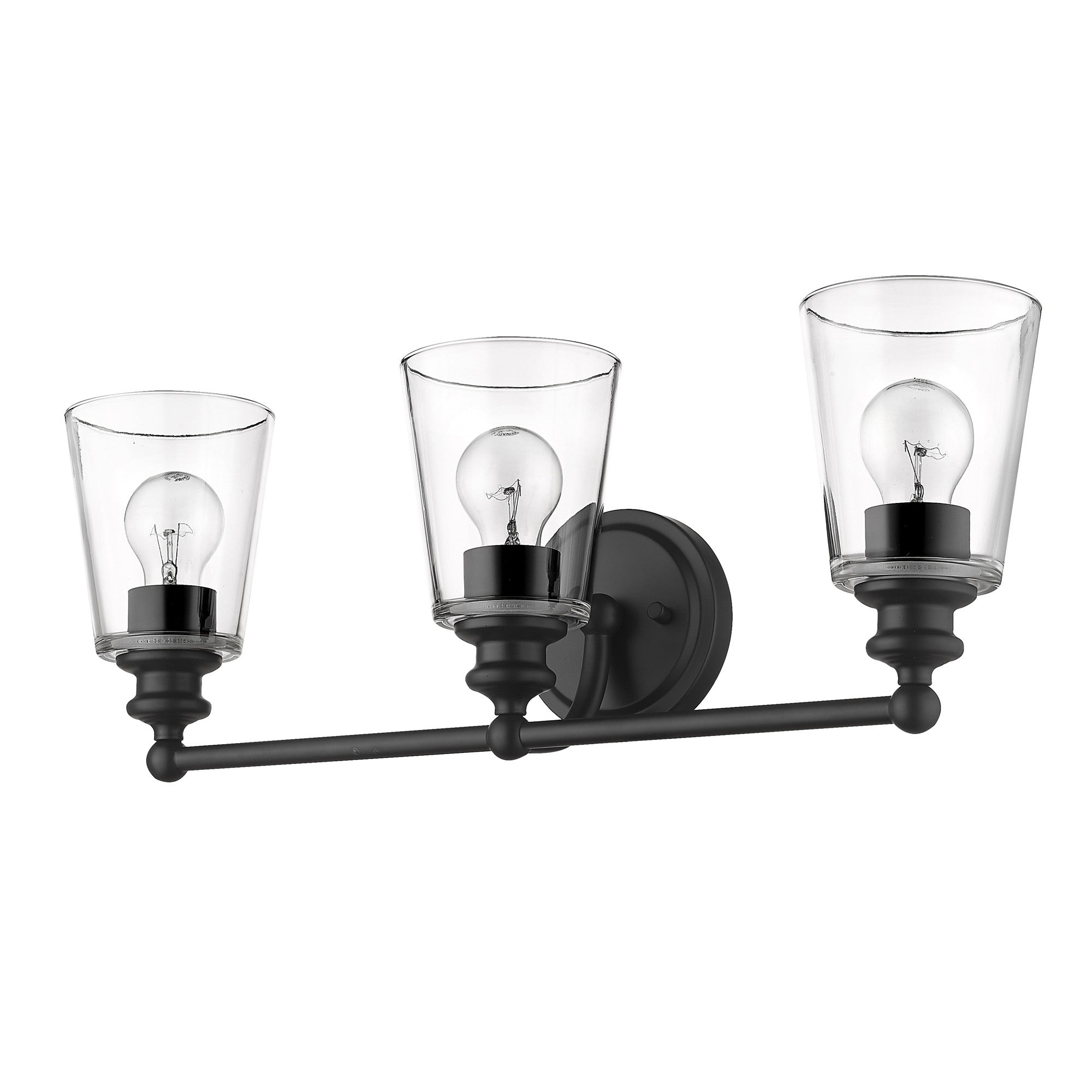 Bottom up angled view of the Three-light matte black wall sconce with clear tapered glass shades and horizontal bar design