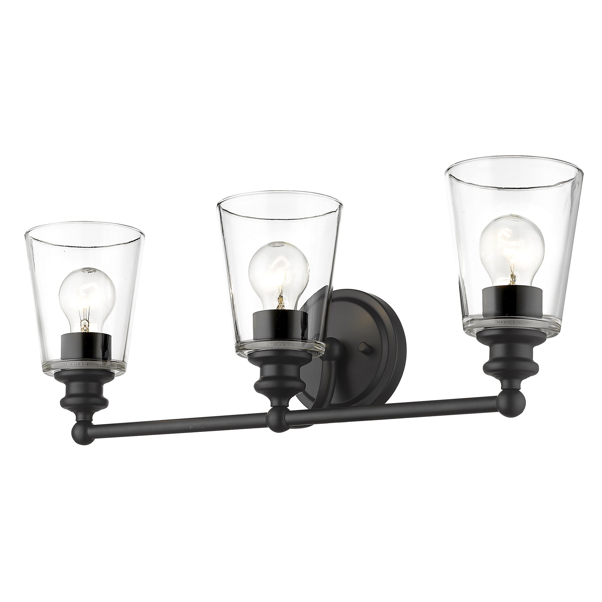 Bottom up angled view of the lighted Three-light matte black wall sconce with clear tapered glass shades and horizontal bar design