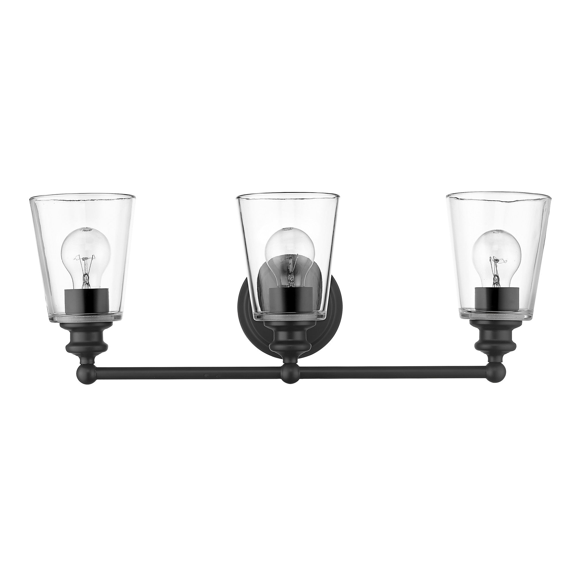 Front view of the Three-light matte black wall sconce with clear tapered glass shades and horizontal bar design