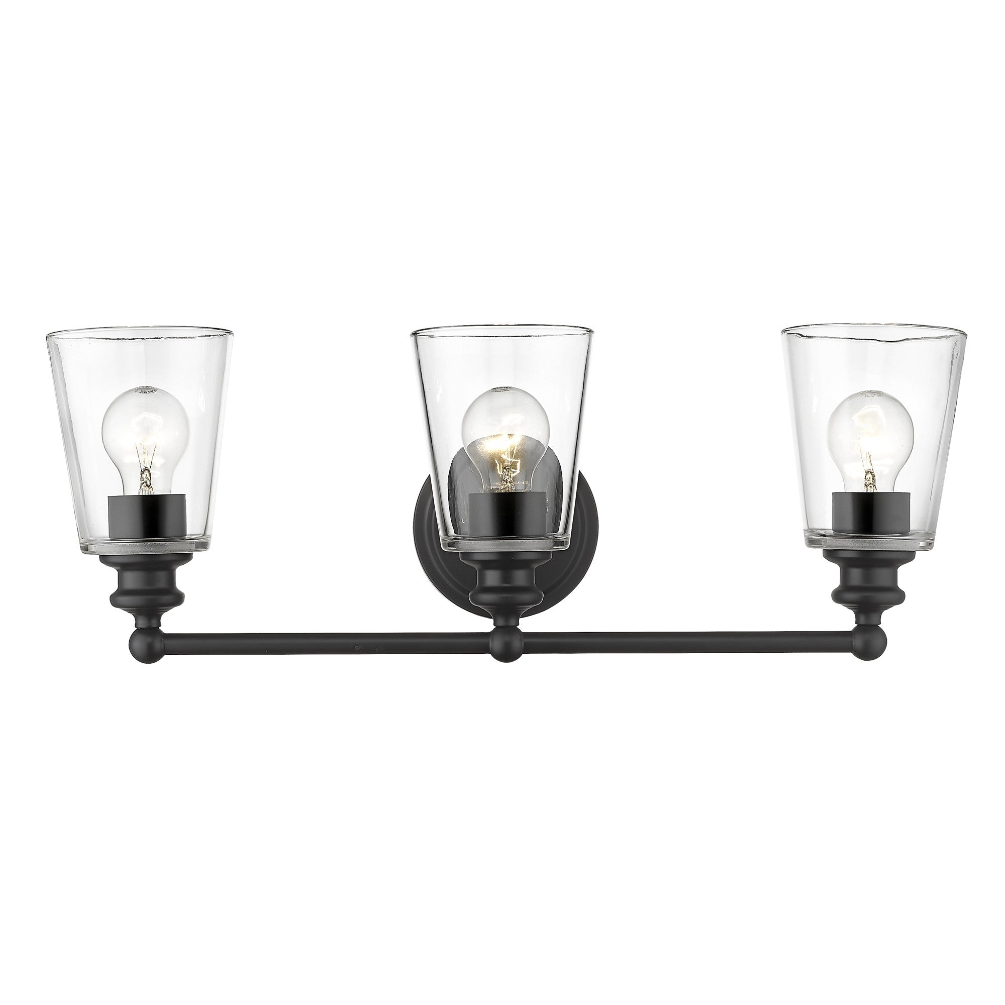Front view of the lighted Three-light matte black wall sconce with clear tapered glass shades and horizontal bar design