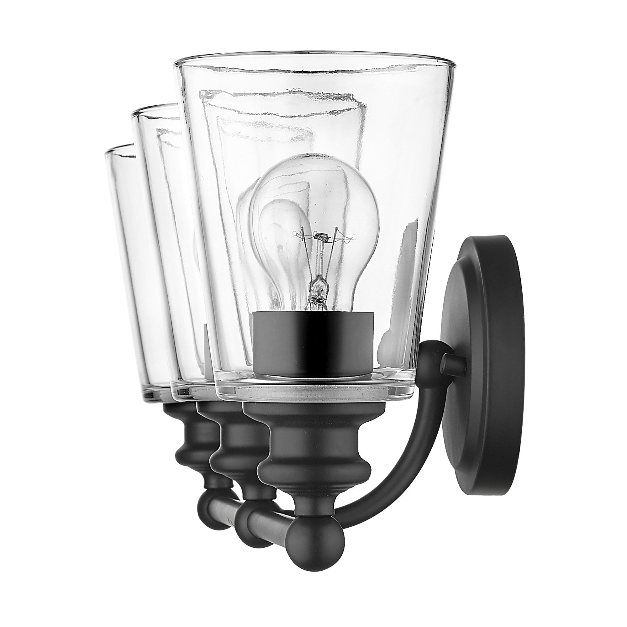 Side view of the Three-light matte black wall sconce with clear tapered glass shades and horizontal bar design
