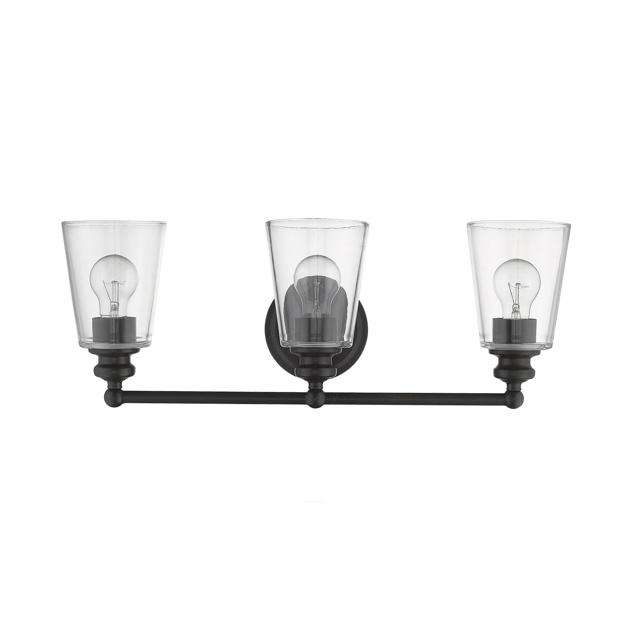Front view of the Three-light antique bronze wall sconce with clear tapered glass shades and horizontal bar design