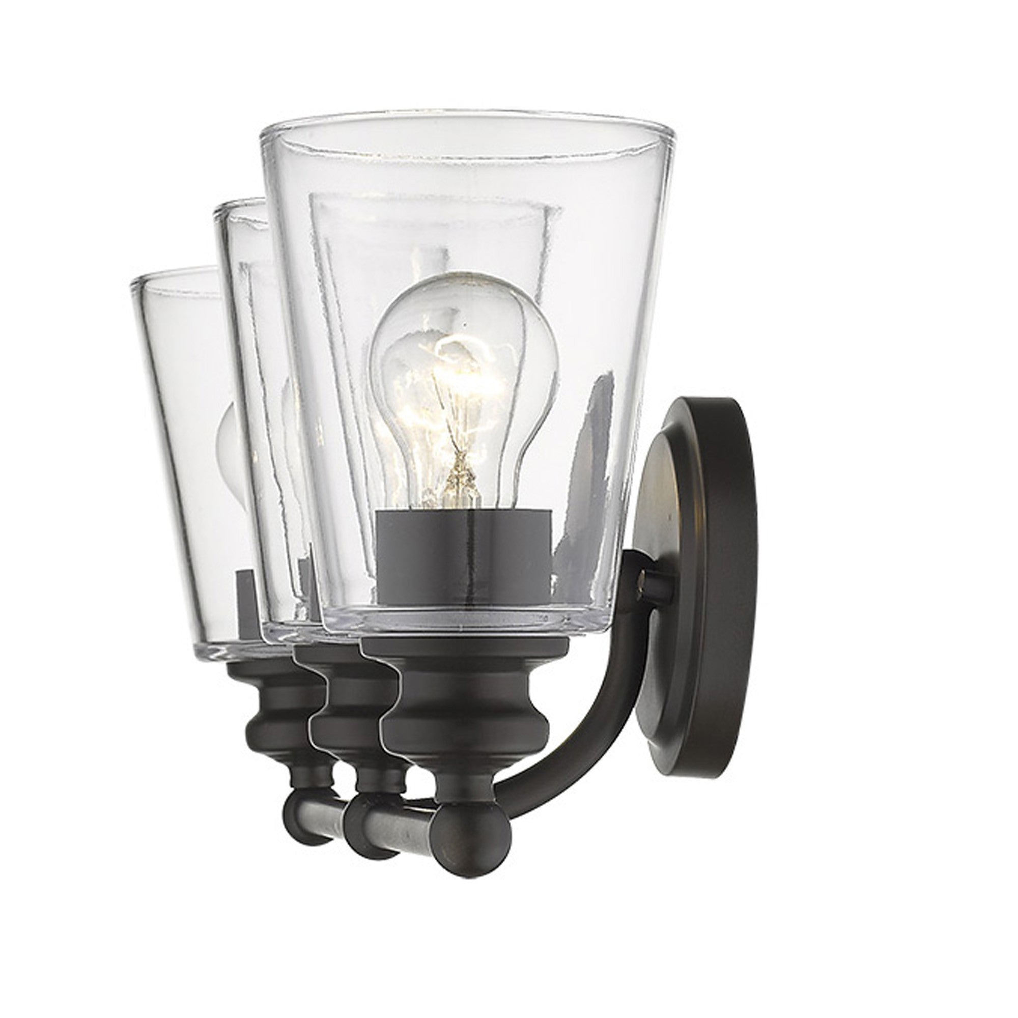 Lighted Three-light antique bronze wall sconce with clear tapered glass shades and horizontal bar design