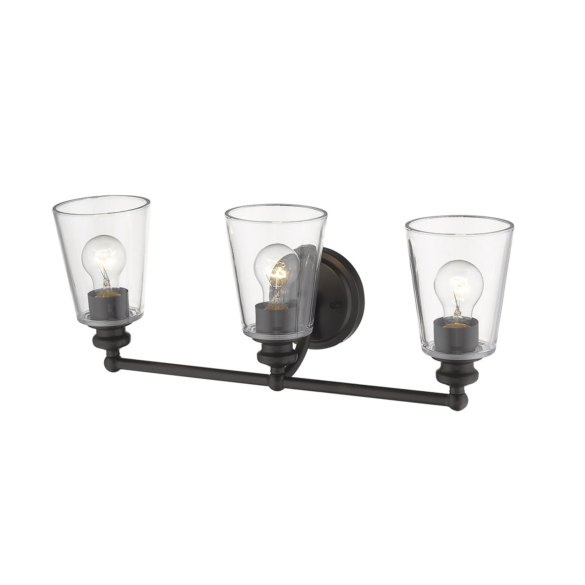 Top down angled view of the lighted Three-light antique bronze wall sconce with clear tapered glass shades and horizontal bar design