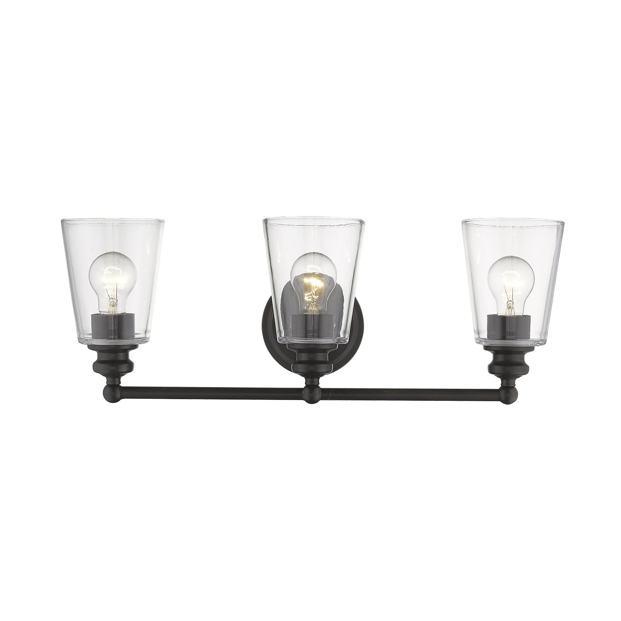 Front view of the lighted Three-light antique bronze wall sconce with clear tapered glass shades and horizontal bar design