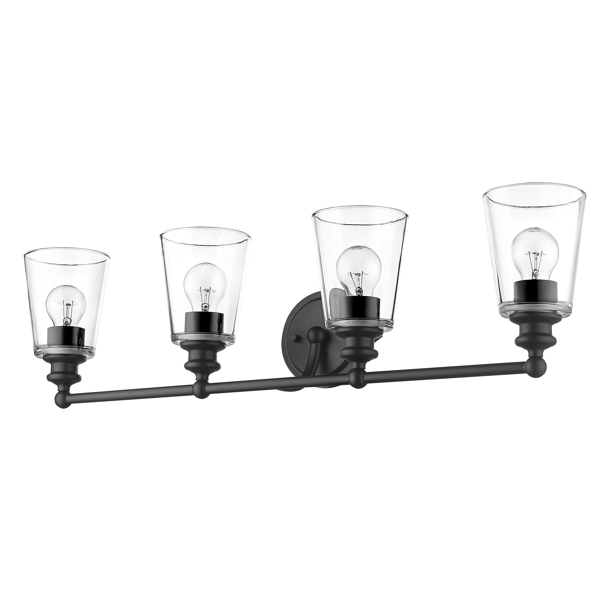 Bottom up angled view of the Ceil 4-light matte black vanity light fixture with clear tapered glass shades for modern bathroom design