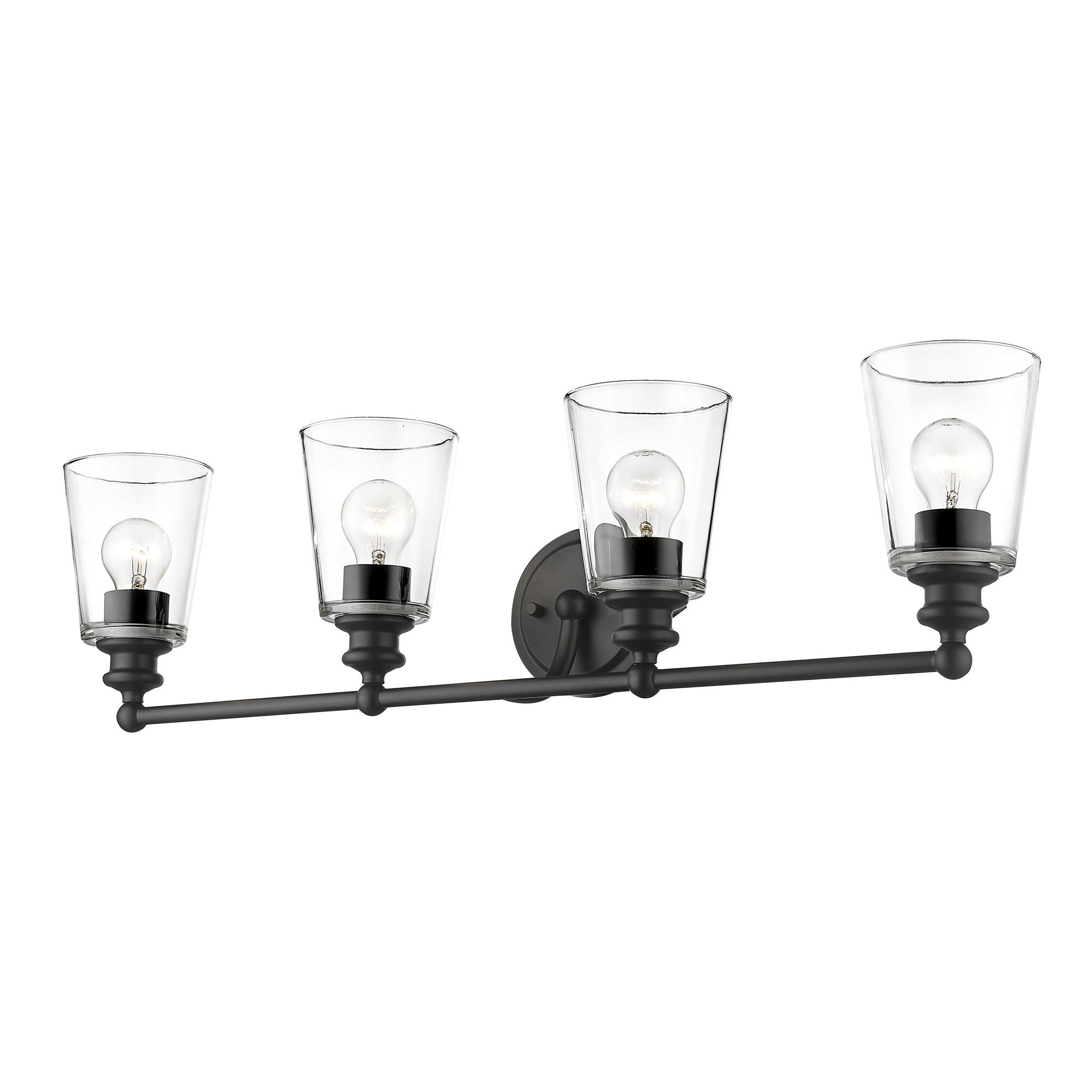 Bottom up angled view of the lighted Ceil 4-light matte black vanity light fixture with clear tapered glass shades for modern bathroom design