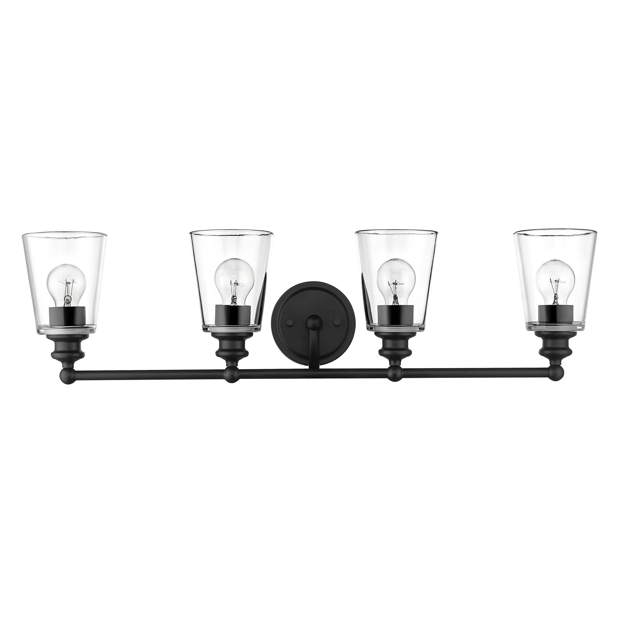 Front view of the Ceil 4-light matte black vanity light fixture with clear tapered glass shades for modern bathroom design