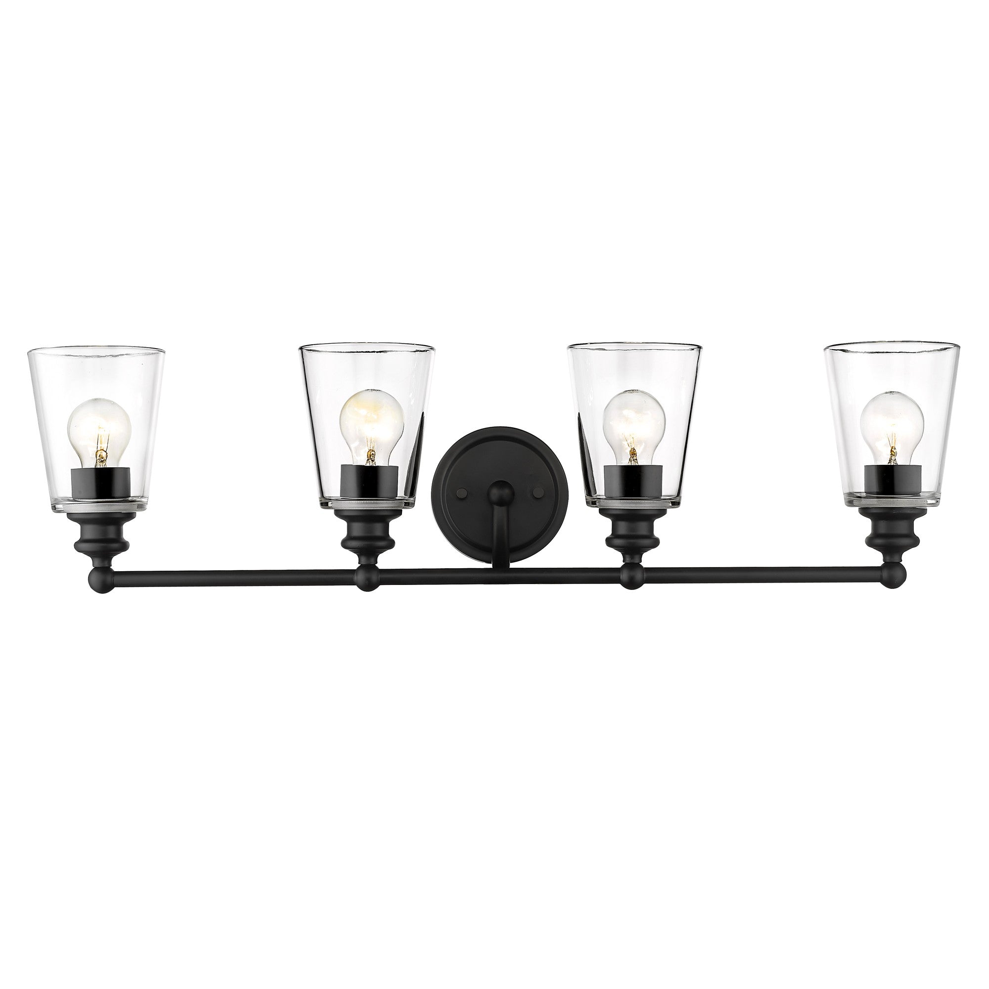 Front view of the lighted Ceil 4-light matte black vanity light fixture with clear tapered glass shades for modern bathroom design