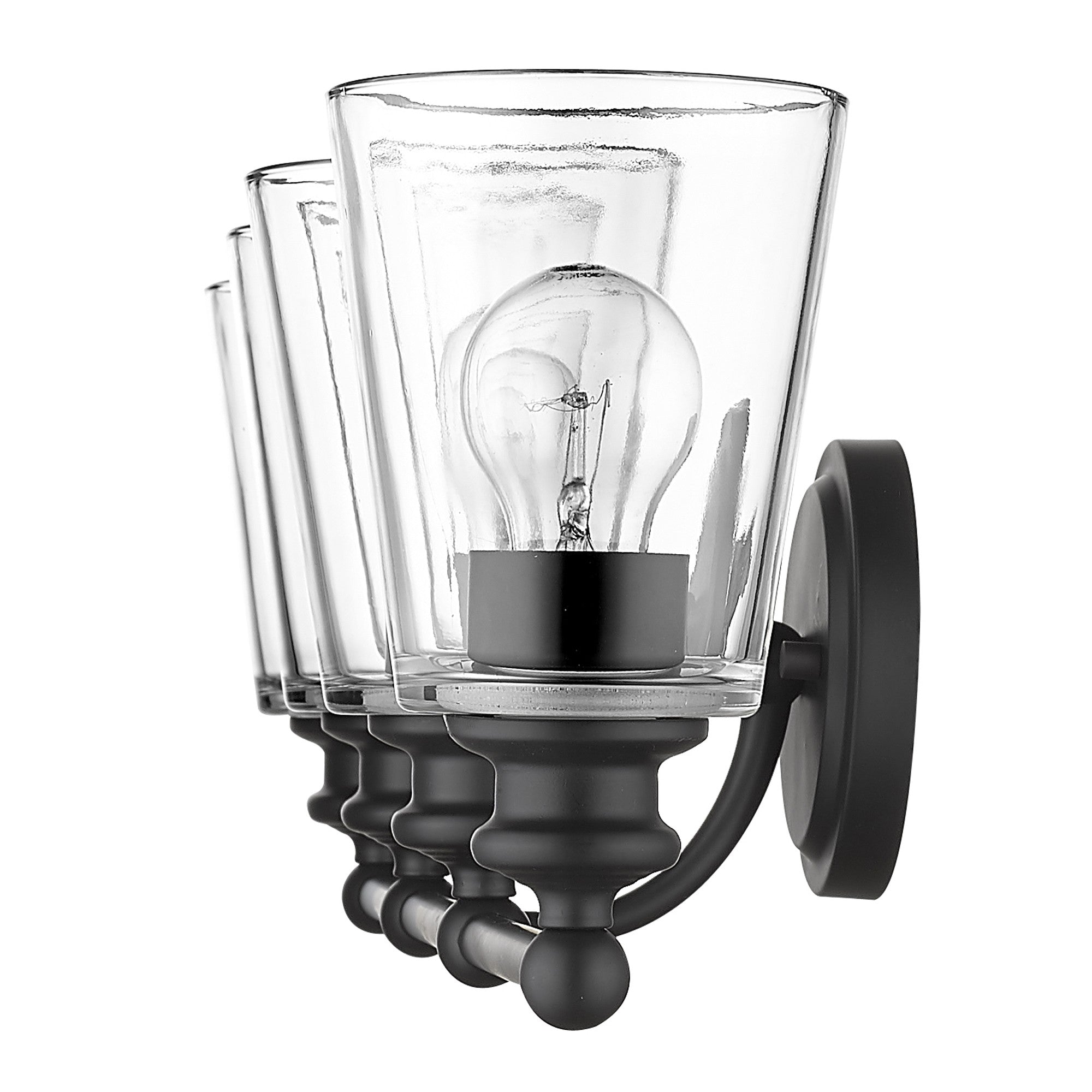 Ceil 4-light matte black vanity light fixture with clear tapered glass shades for modern bathroom design