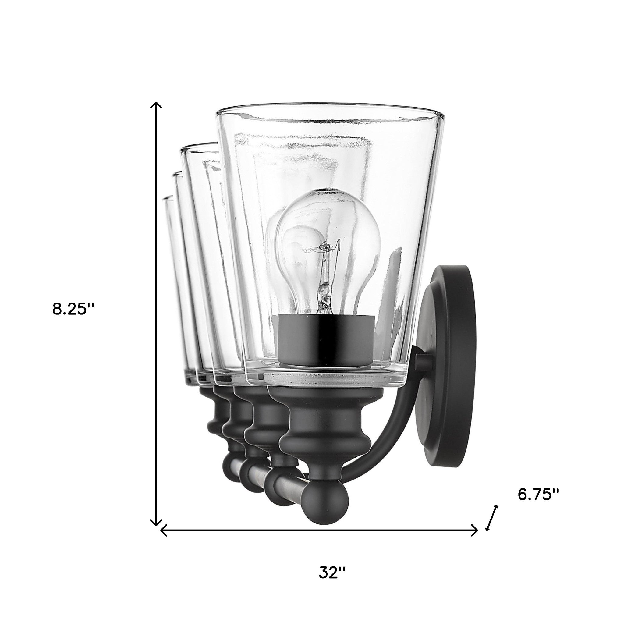 Ceil 4-light matte black vanity light fixture with clear tapered glass shades for modern bathroom design shown with dimensions of eight point two five inches high by thirty two inches wide by six point seven five inches deep