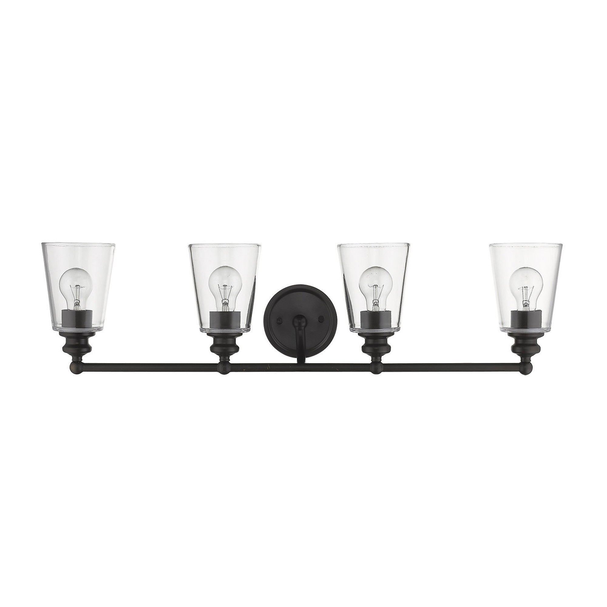 Front view of the Ceil 4-light oil-rubbed bronze vanity wall fixture with clear tapered glass shades and transitional design